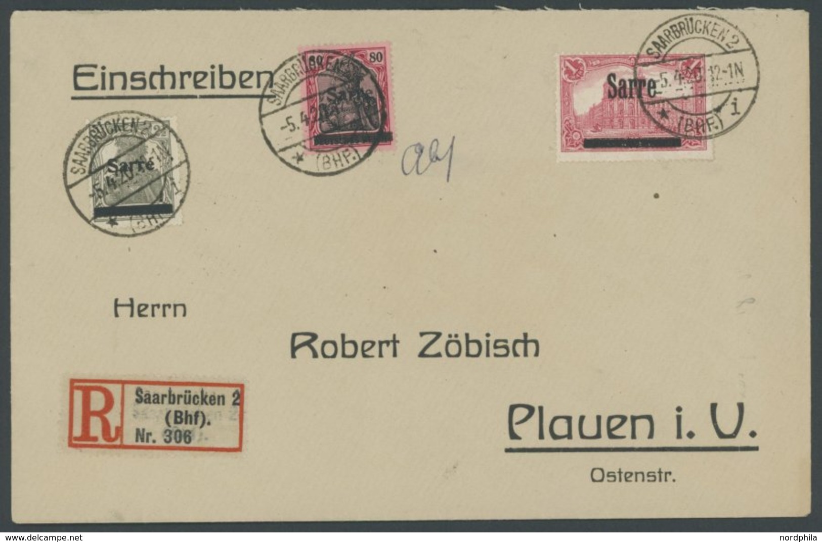 SAARGEBIET 2aI,17AI BRIEF, 1920, 21/2 Pf. Olivgrau Und 1 M. Dunkelkarminrot, Type I, Zusammen Mit 80 Pf. Aufdruckfälschu - Other & Unclassified