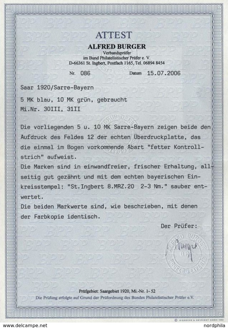 SAARGEBIET 30III,31II BrfStk, 1920, 5 Und 10 M. Bayern-Sarre, Je Mit Abart Fetter Kontrollstrich (Feld 12), 2 Prachtbrie - Autres & Non Classés