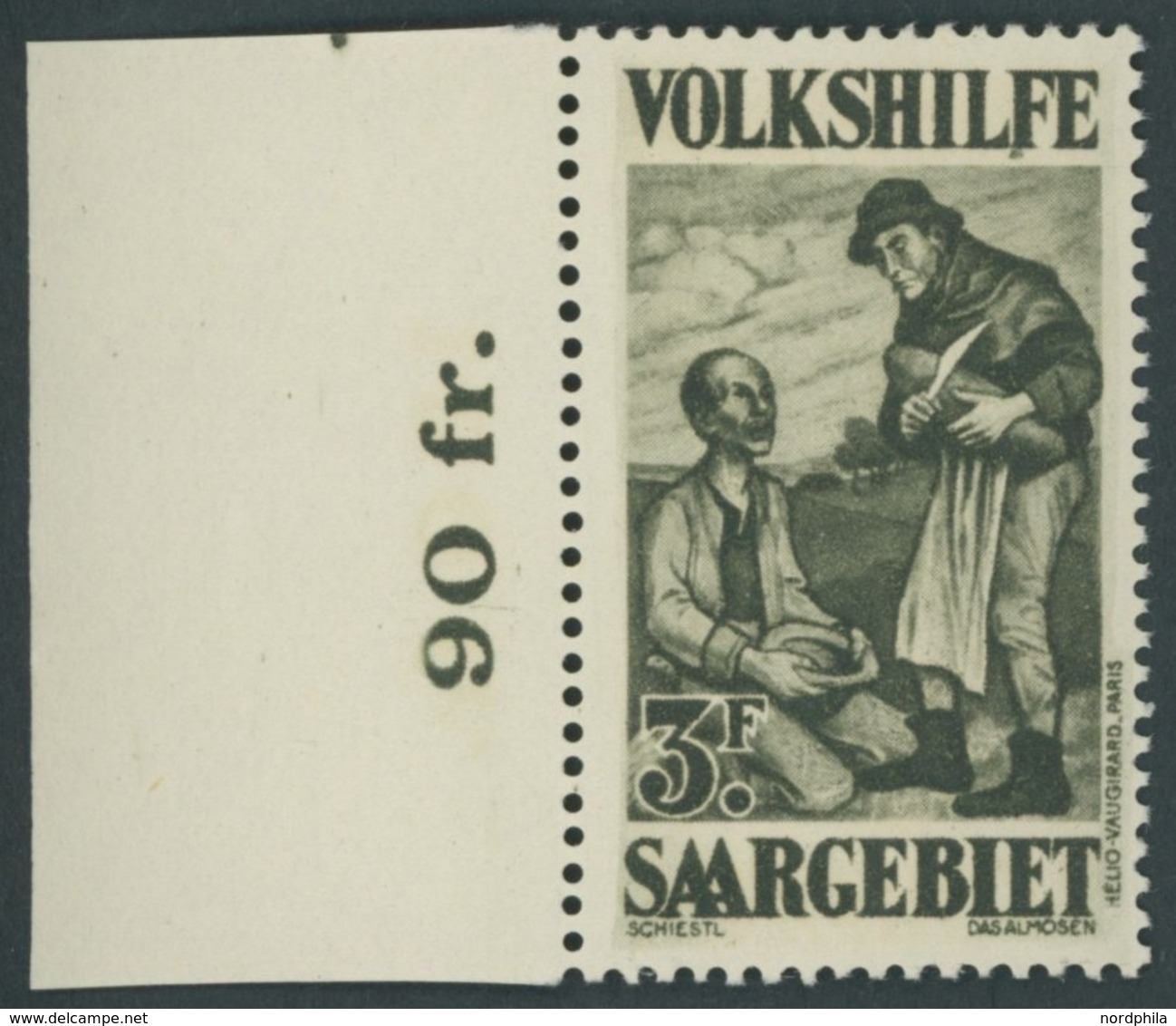 SAARGEBIET 133I **, 1928, 3 Fr. Gemälde I Mit Plattenfehler Punkt Links Oben Am Ersten E In Saargebiet, Linkes Randstück - Sonstige & Ohne Zuordnung