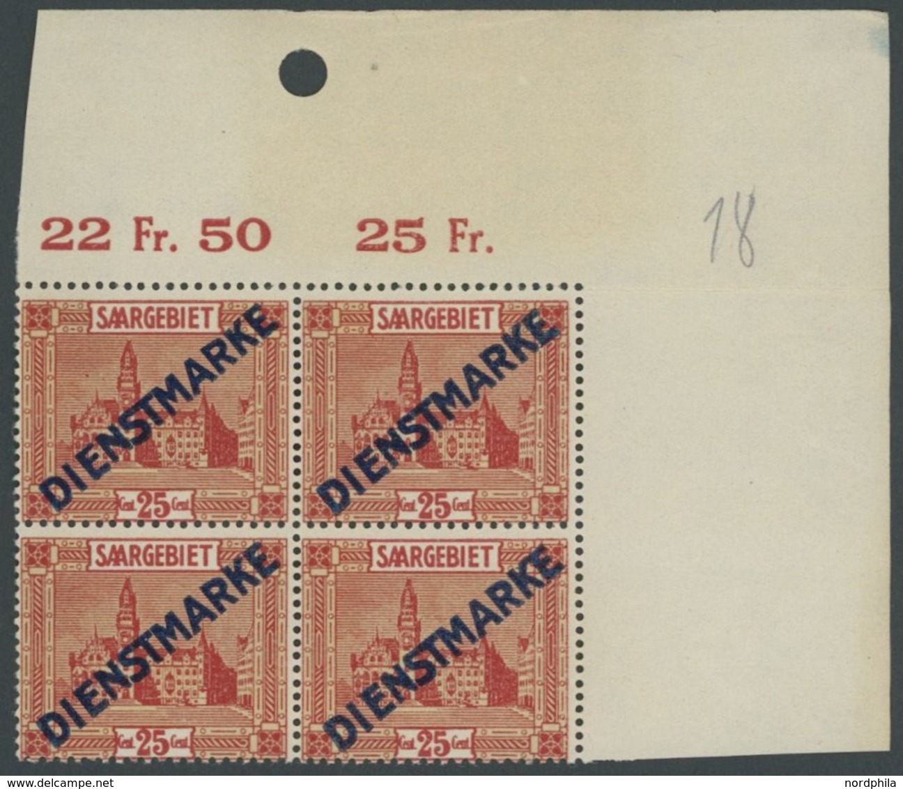 SAARGEBIET D 6I VB **, 1922, 25 C. Neues Rathaus Im Rechten Oberen Eckrandviererblock, Dabei Feld 9 Mit Aufdruckfehler P - Altri & Non Classificati