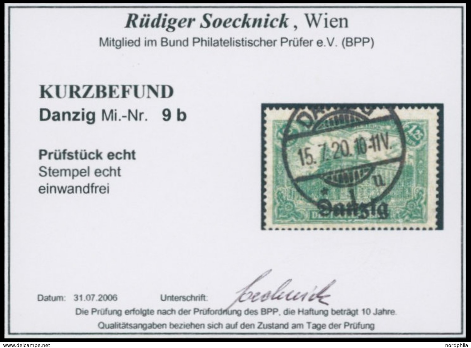 FREIE STADT DANZIG 9b O, 1920, 1.25 M. Bläulichgrün, Zeitgerechte Entwertung DANZIG 9b, Pracht, Kurzbefund Soecknick, Mi - Other & Unclassified