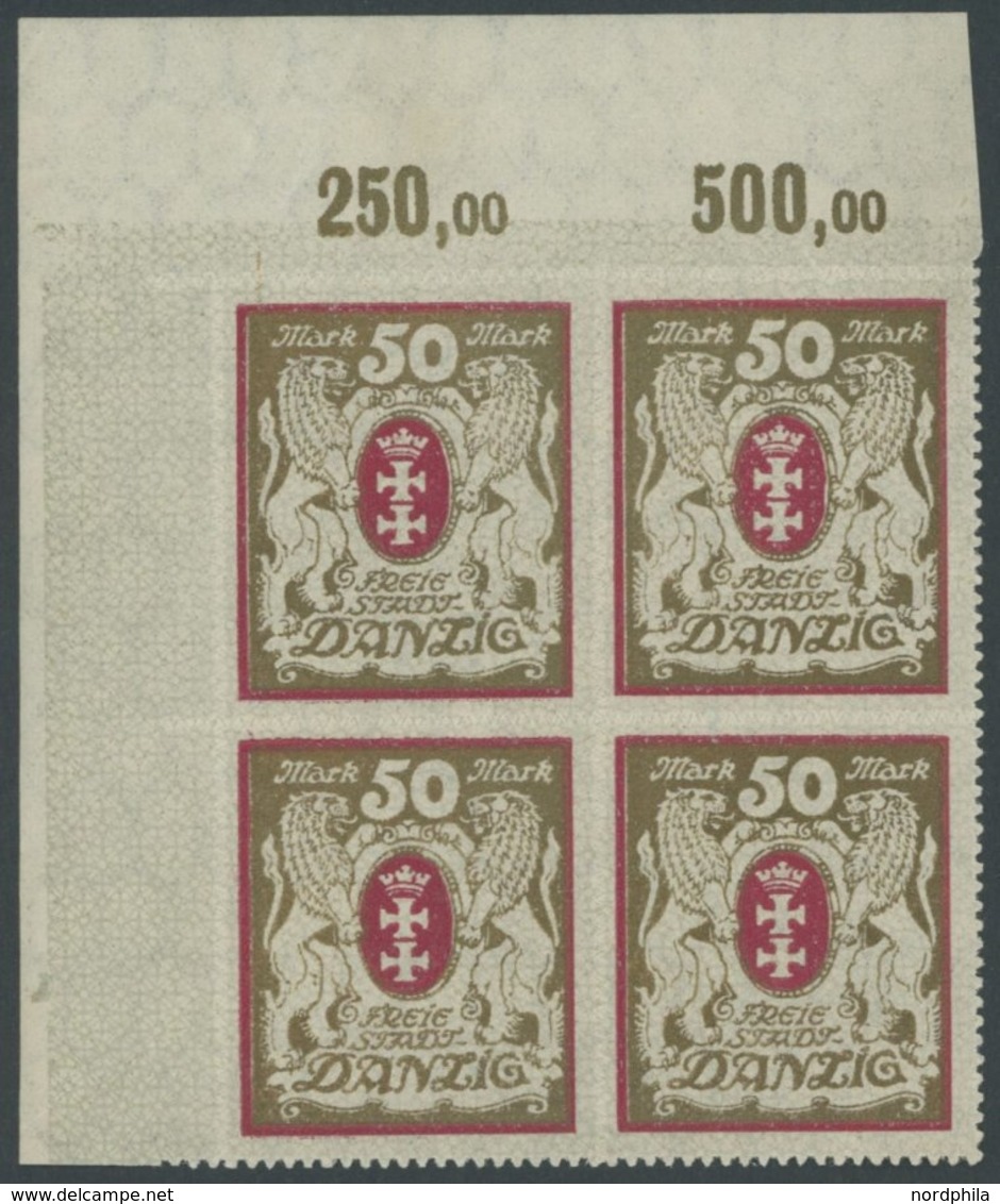 FREIE STADT DANZIG 100Xb VB **, 1922, 50 M. Lilarot/gold, Wz. 2X, Im Oberen Linken Eckrandviererblock, Postfrisch, Prach - Sonstige & Ohne Zuordnung