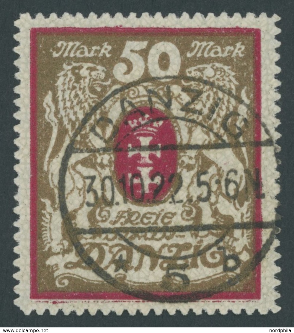 FREIE STADT DANZIG 100Xb O, 1922, 50 M. Lilarot/gold, Wz. X, Zeitgerechte Entwertung DANZIG 5b, Pracht, Fotobefund Grube - Other & Unclassified