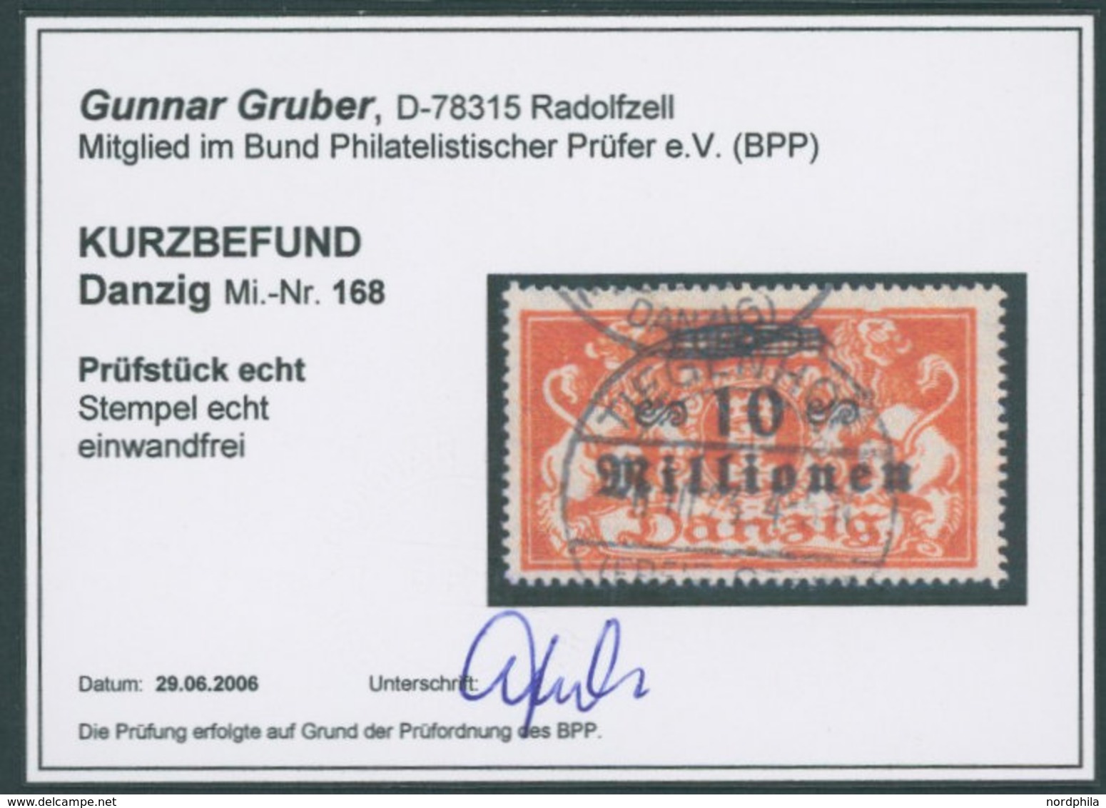 FREIE STADT DANZIG 168 O, 1923, 10 Mio. Auf 1 Mio. M., Rotorange, Zeitgerechte Entwertung, Pracht, Kurzbefund Gruber, Mi - Sonstige & Ohne Zuordnung