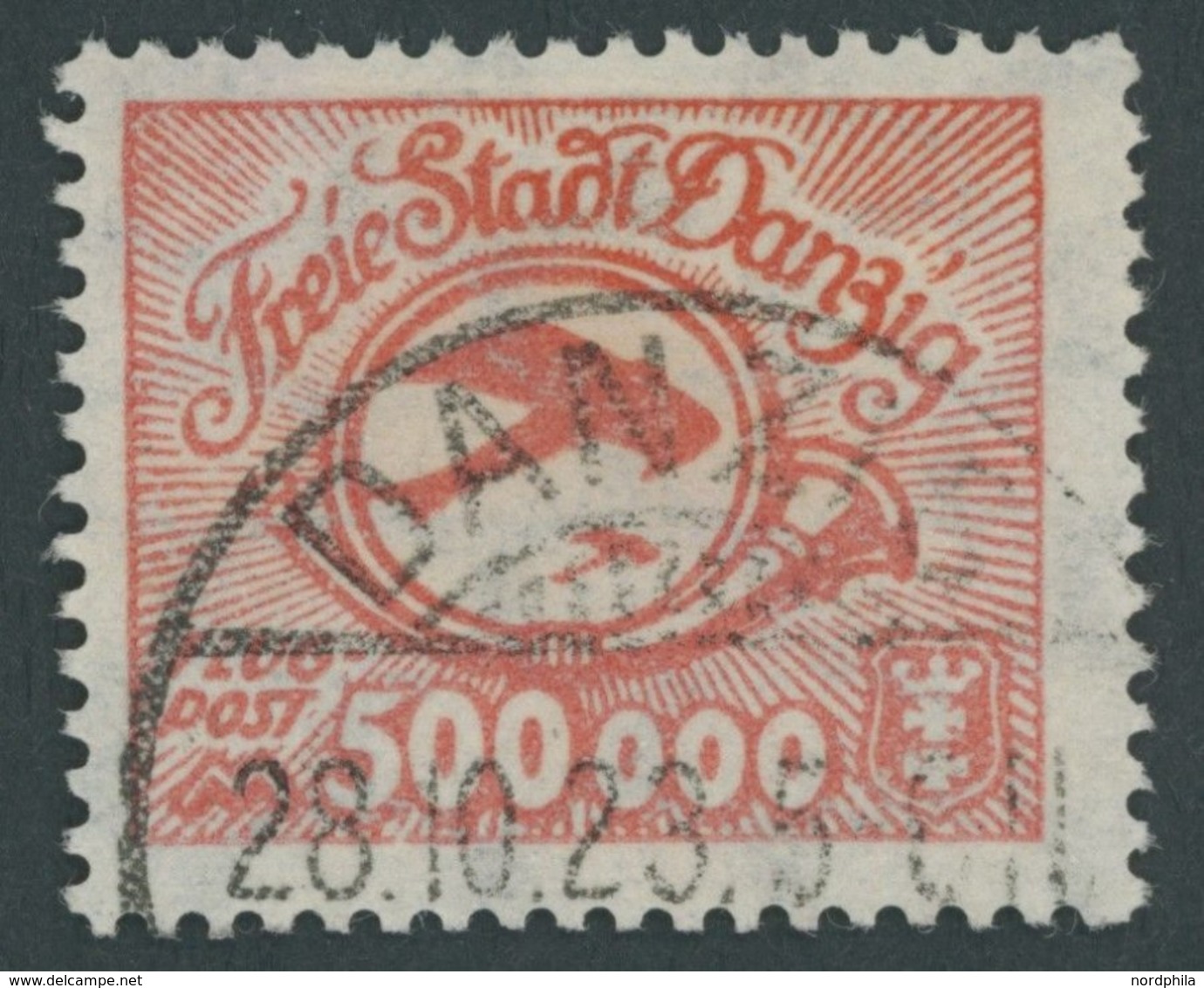 FREIE STADT DANZIG 178 O, 1923, 500000 M. Lebhaftrot, Zeitgerechte Entwertung DANZIG 3, Pracht, Fotobefund Gruber, Mi. 4 - Other & Unclassified