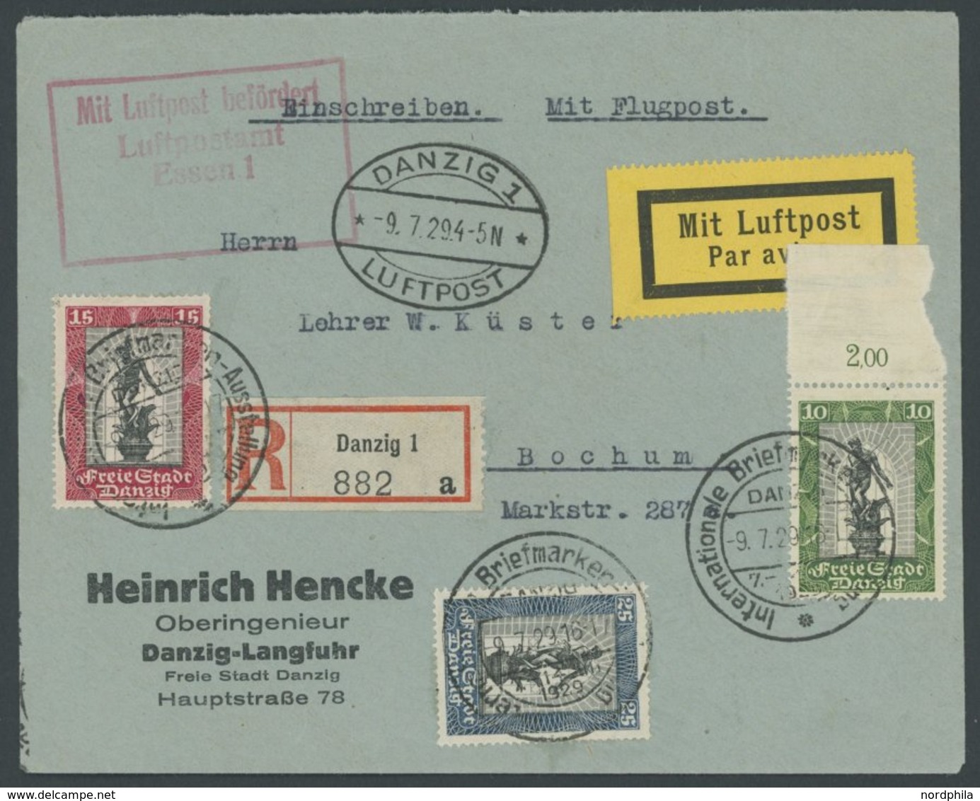 FREIE STADT DANZIG 217-19 BRIEF, 1929, Philatelistische Ausstellung Mit Sonderstempeln Auf Luftpost-Einschreibbrief Nach - Sonstige & Ohne Zuordnung