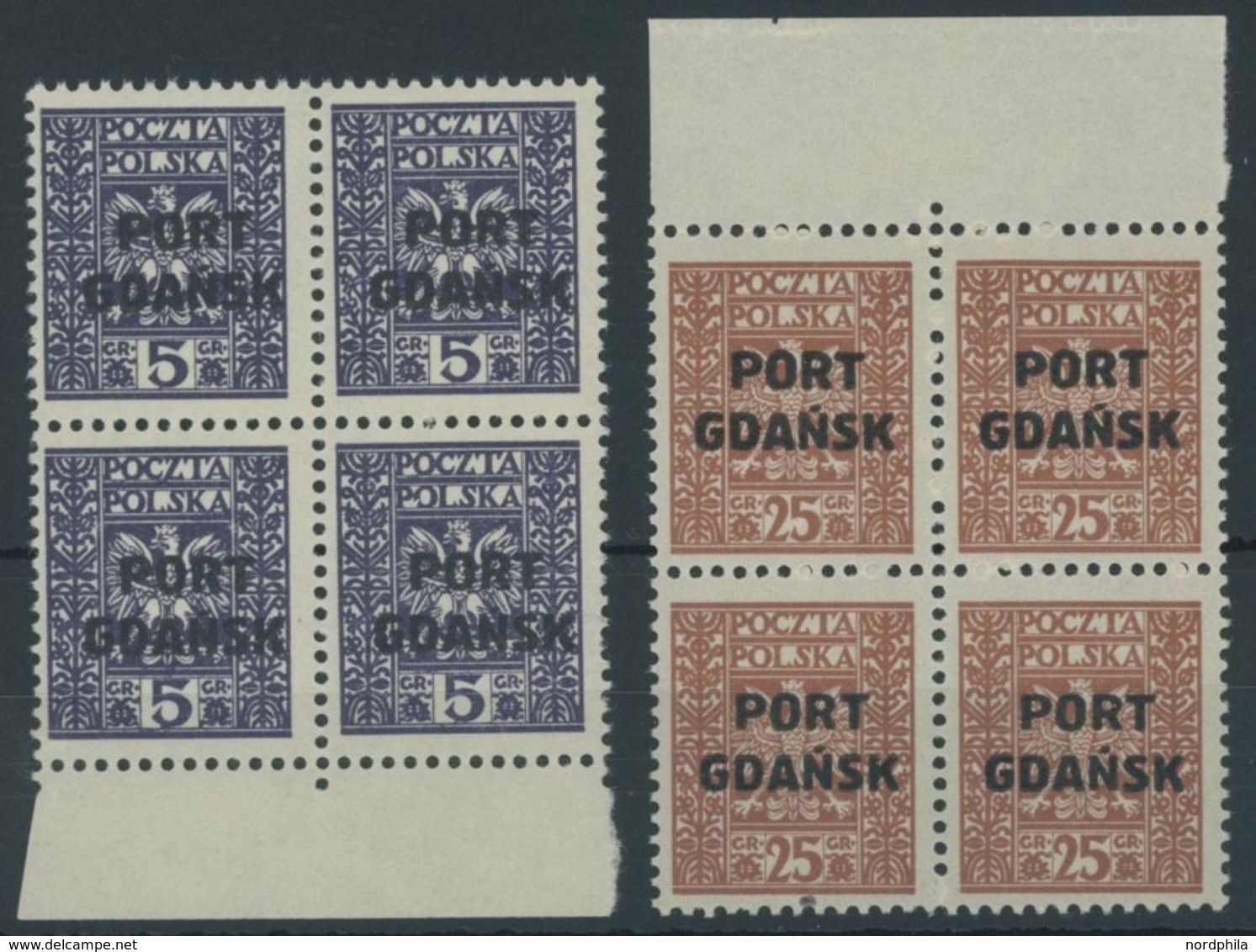 PORT GDANSK 20,22 VB **, 1929, 5 Gr. Schwärzlichgrauviolett Und 25 Gr. Mittelbraunrot, Je Im Randviererblock, Postfrisch - Sonstige & Ohne Zuordnung