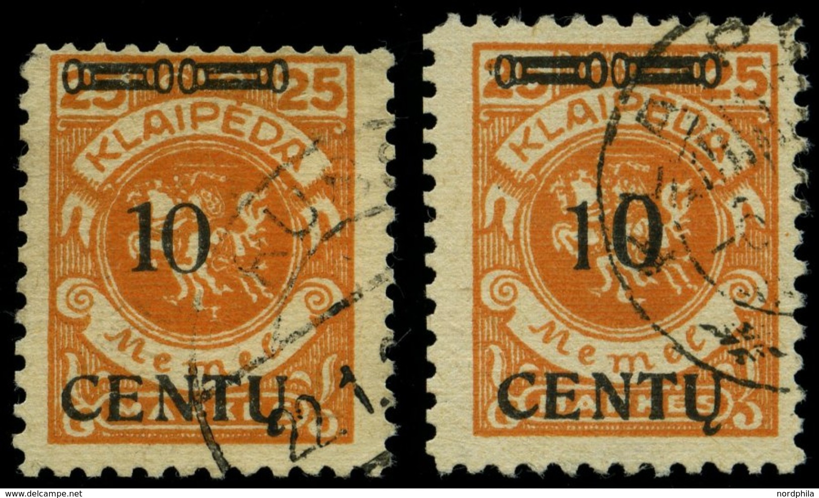 MEMELGEBIET 169AII/AIII O, 1923, 10 C. Auf 25 M. Lebhaftrötlichorange, Type AII Und AIII, 2 Prachtwerte, Gepr. Dr. Klein - Memel (Klaïpeda) 1923