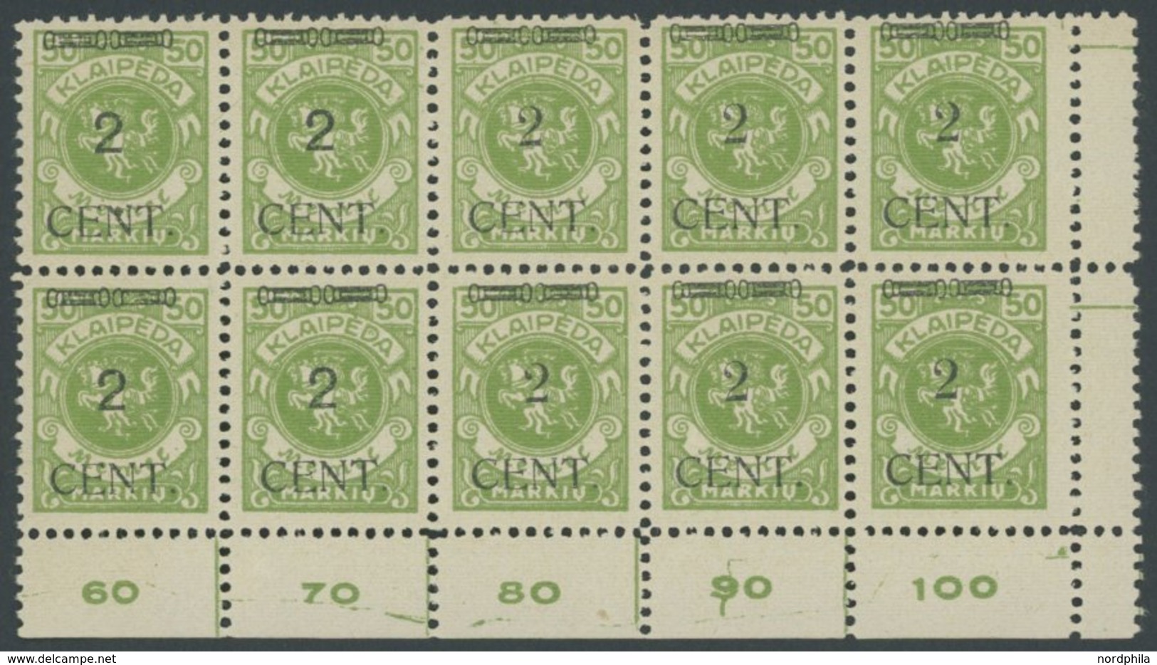 MEMELGEBIET 177III,IV **, 1923, 2 C. Auf 50 M. Gelbgrün, Type III Und IV Im Zehnerblock Aus Der Rechten Unteren Bogeneck - Memel (Klaïpeda) 1923