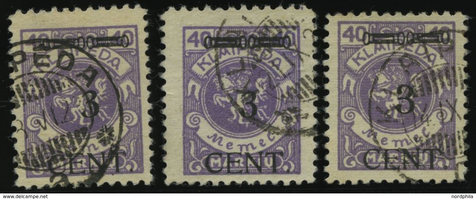 MEMELGEBIET 178I-III O, 1923, 3 C. Auf 40 M. Lebhaftgrauviolett, Type I-III, 3 Prachtwerte, Gepr. Huylmans - Memel (Klaïpeda) 1923