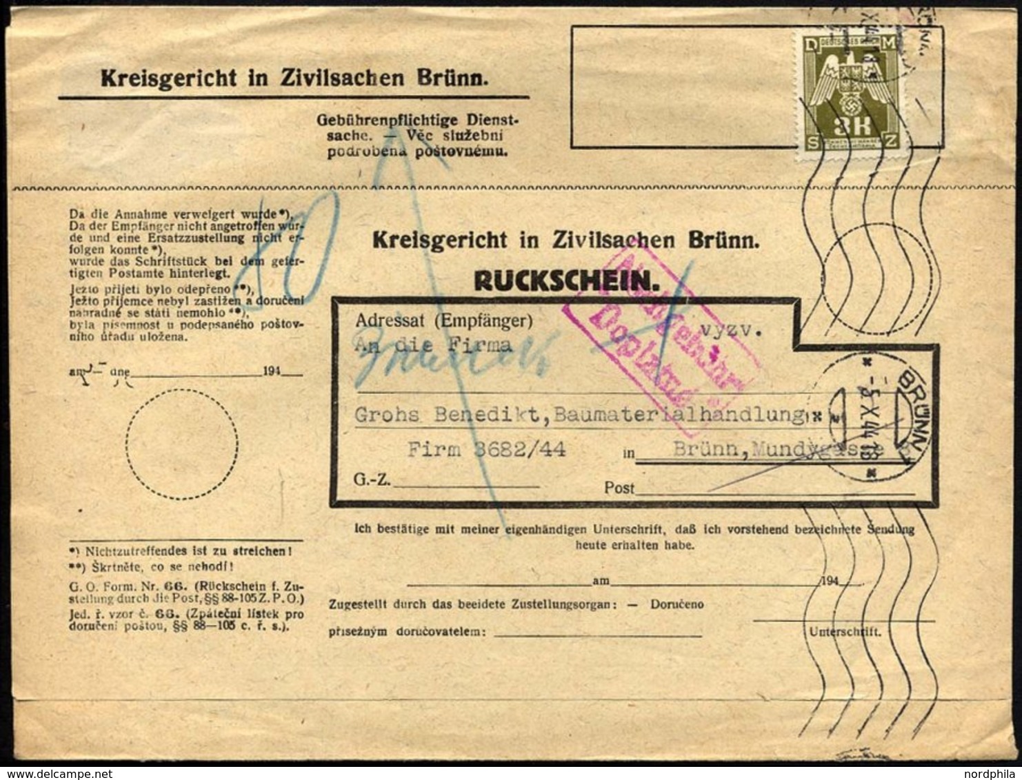 BÖHMEN UND MÄHREN D 10 BRIEF, Dienstmarken: 1944, 3 K. Braunoliv Auf Rückschein Vom Kreisgericht Für Zivilsachen Brünn,  - Altri & Non Classificati