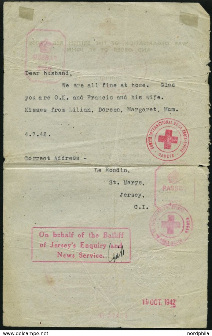 JERSEY 1942, Rotes Kreuz-Brief Mit Rückseitiger Antwort, Diverse Stempel Und Zensuren, Feinst - Besetzungen 1938-45