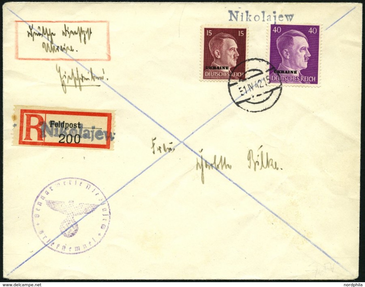 UKRAINE 9,15 BRIEF, 1942, 15 Und 40 Pf. Hitler Auf Einschreibbrief Mit Provisorischem Stempel Und R-Zettel NIKOLAJEW, Pr - Occupazione 1938 – 45