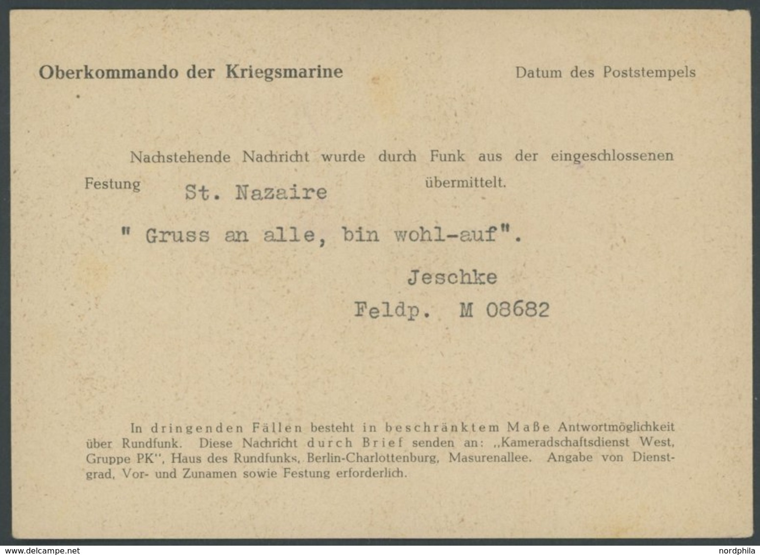 FELDPOST II. WK BELEGE 1944, Funknachrichtenkarte Des Oberkommandos Der Kriegsmarine In St. Nazaire Mit Feldpostnummer M - Occupazione 1938 – 45