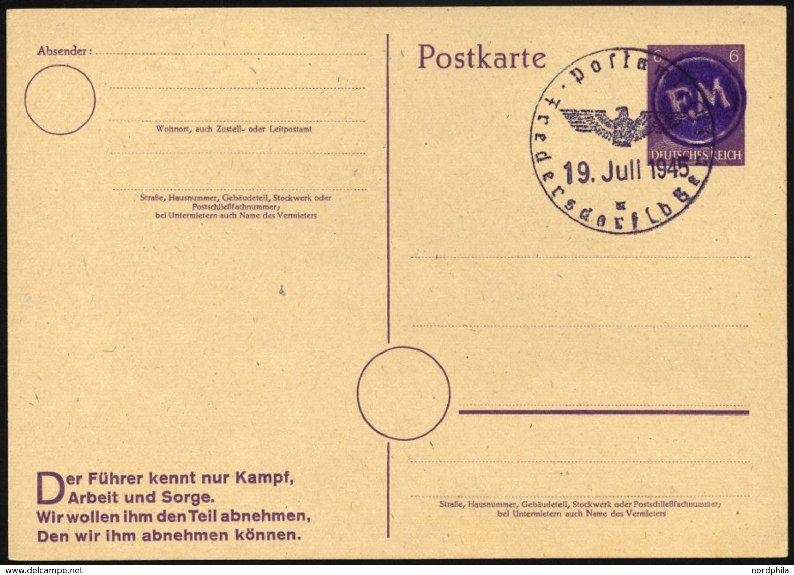 FREDERSDORF DR P 314I BRIEF, 1945, Ganzsachenkarte 6 Pf. Hitler Mit Propagandazudruck, Blanko Gestempelt Mit Aptiertem D - Privatpost