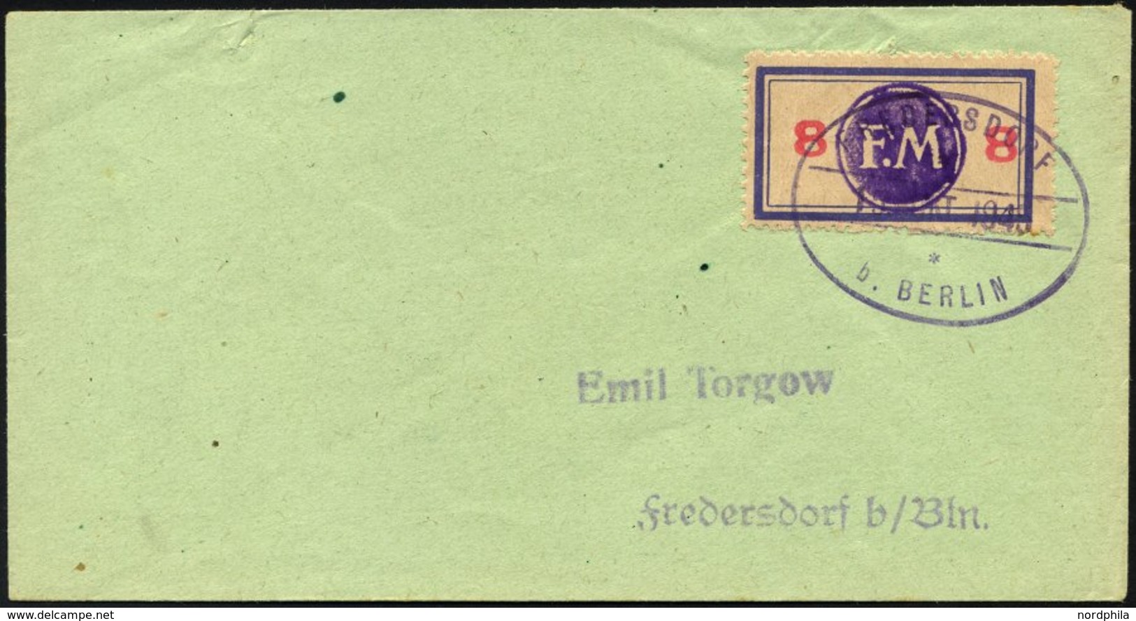 FREDERSDORF Sp 163 BRIEF, 1945, 8 Pf., Rahmengröße 38x21 Mm, Auf Brief Vom 15. Oktober, Marke Aufklebefalte Sonst Pracht - Private & Local Mails