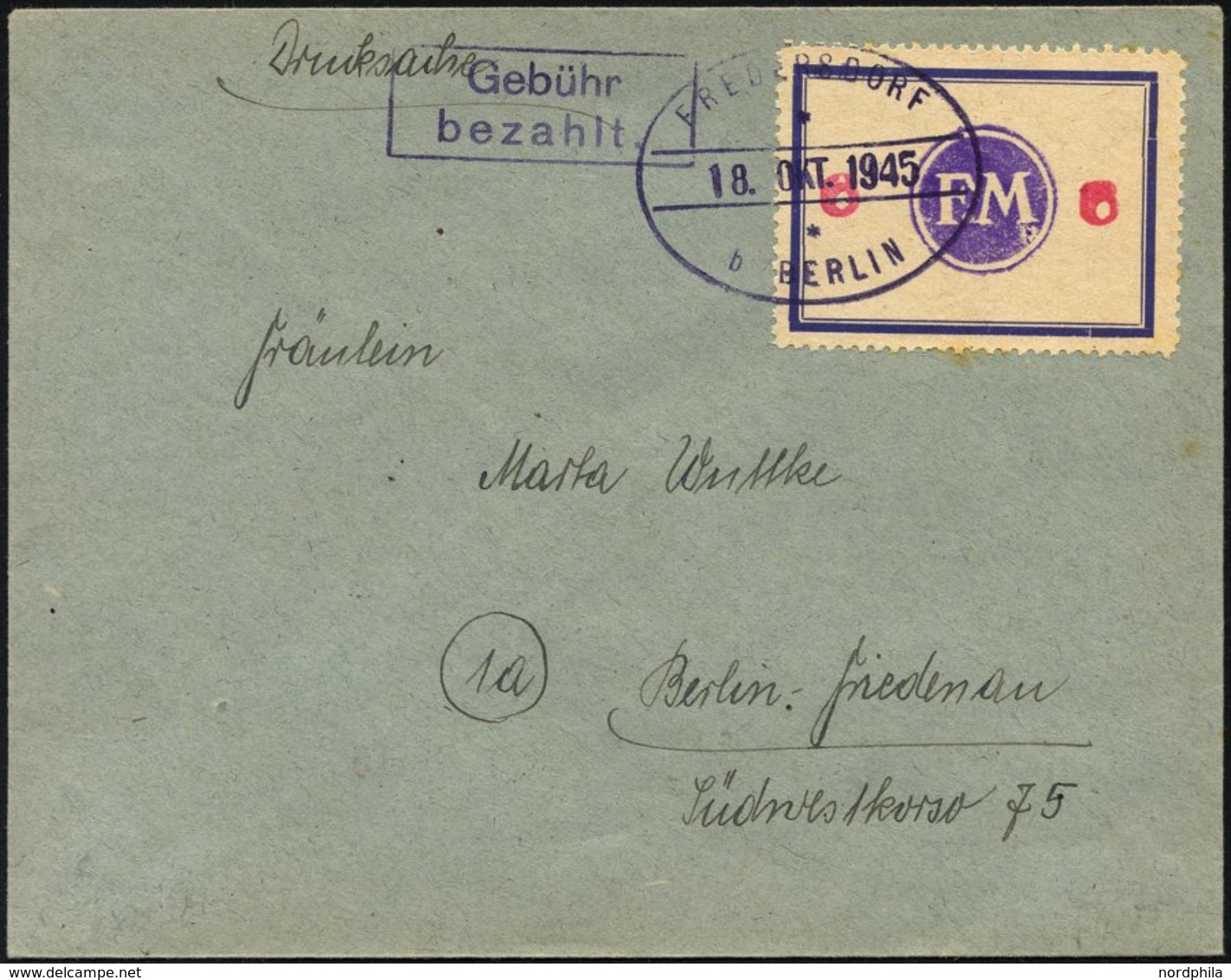 FREDERSDORF Sp 171FI BRIEF, 1945, 6 Pf., Rahmengröße 43x31.5 Mm, Große Wertziffern, Mit Abart Wertziffern Seitlich, Auf  - Posta Privata & Locale