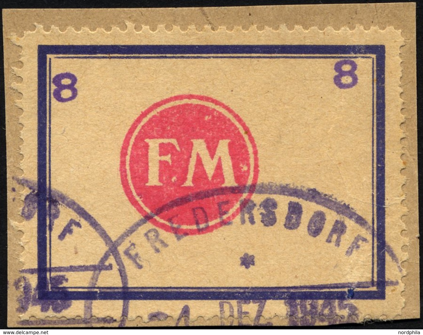 FREDERSDORF Sp 176 BrfStk, 1945, 8 Pf., Rahmengröße 43x31.5 Mm, Kleine Wertziffern, Auf Briefstück, Fehlerhaft, Gepr. Dr - Privatpost