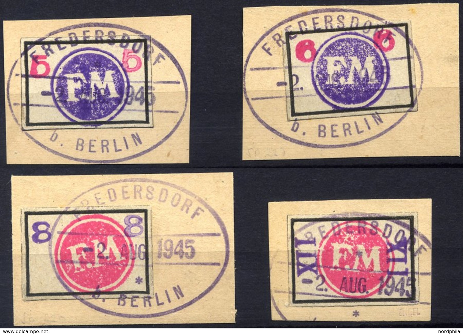 FREDERSDORF Sp 226-29 BrfStk, 1945, 5 - XII Pf., Rahmengröße 28x19 Mm, Große Wertziffern, Mit Stempeln Vom 2. August, 4  - Privatpost