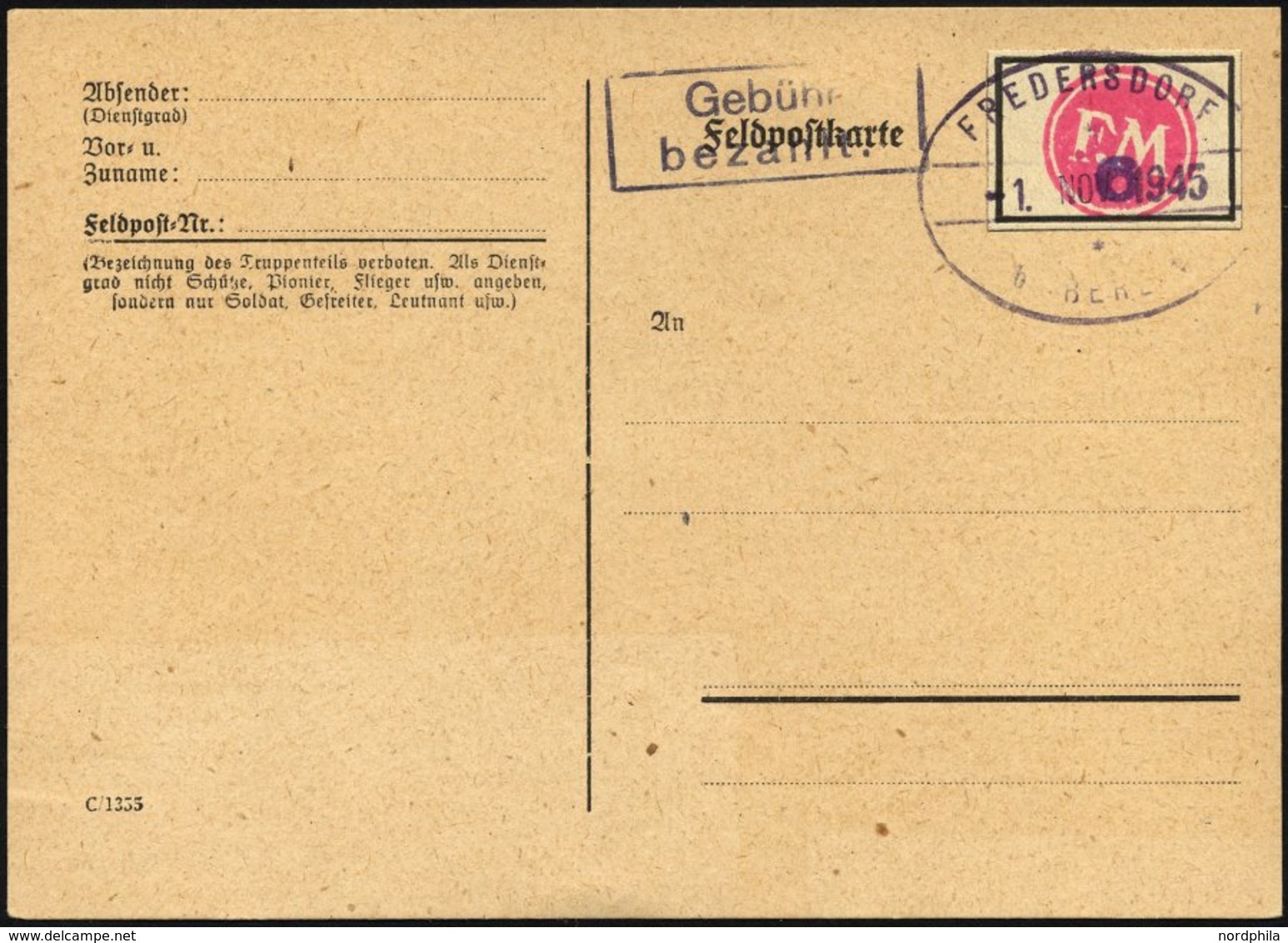 FREDERSDORF Sp 227FIV BRIEF, 1945, 6 Pf., Rahmengröße 28x19 Mm, Große Wertziffern, Mit Abart Wertziffer Bläulichviolett, - Privatpost
