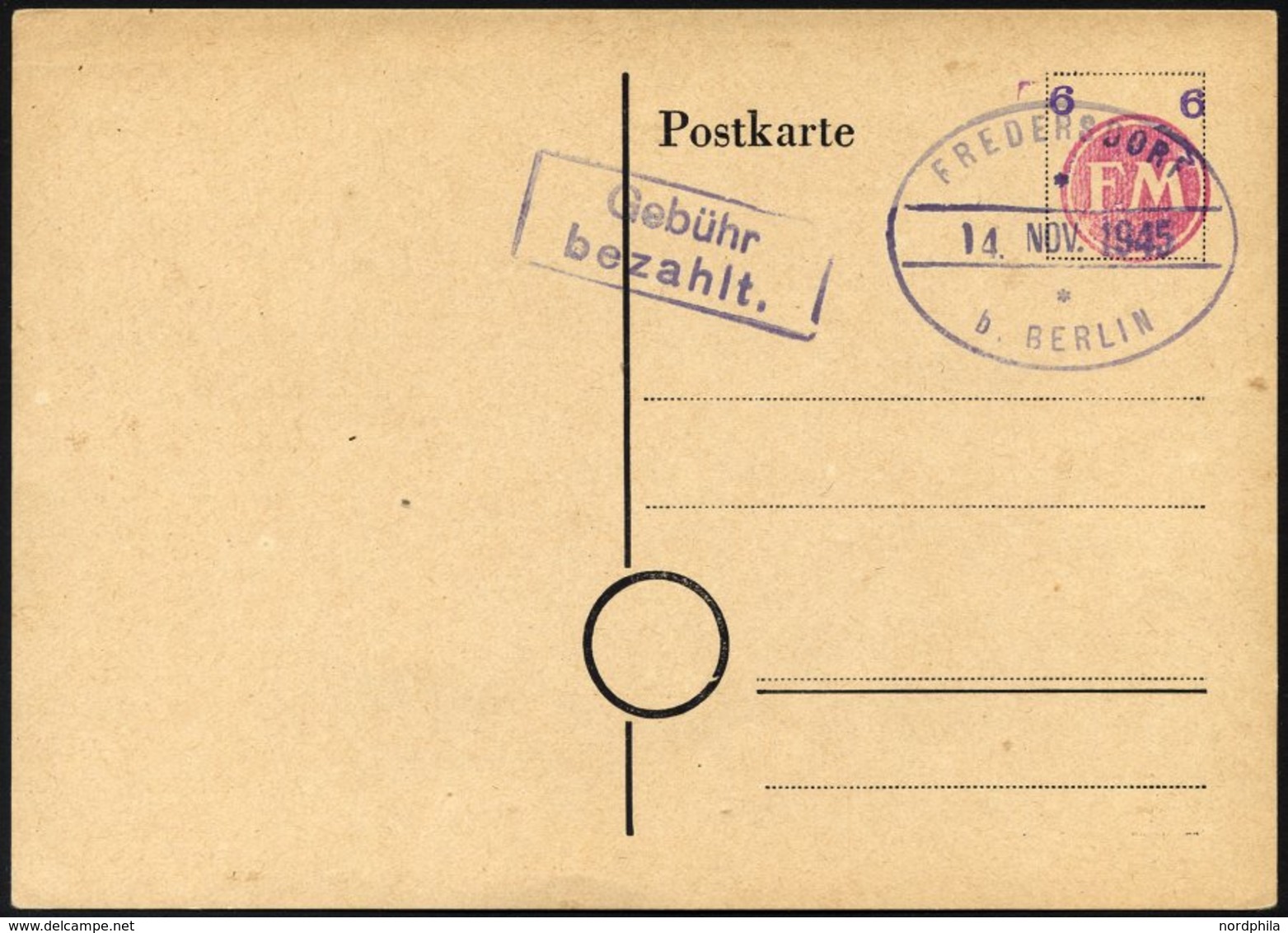 FREDERSDORF PA 02b BRIEF, 1945, Ganzsachenkarte 6 Pf. (FM Rosa Und Wertziffer Violett), Blanko Gestempelt, Pracht, R!, F - Correos Privados & Locales