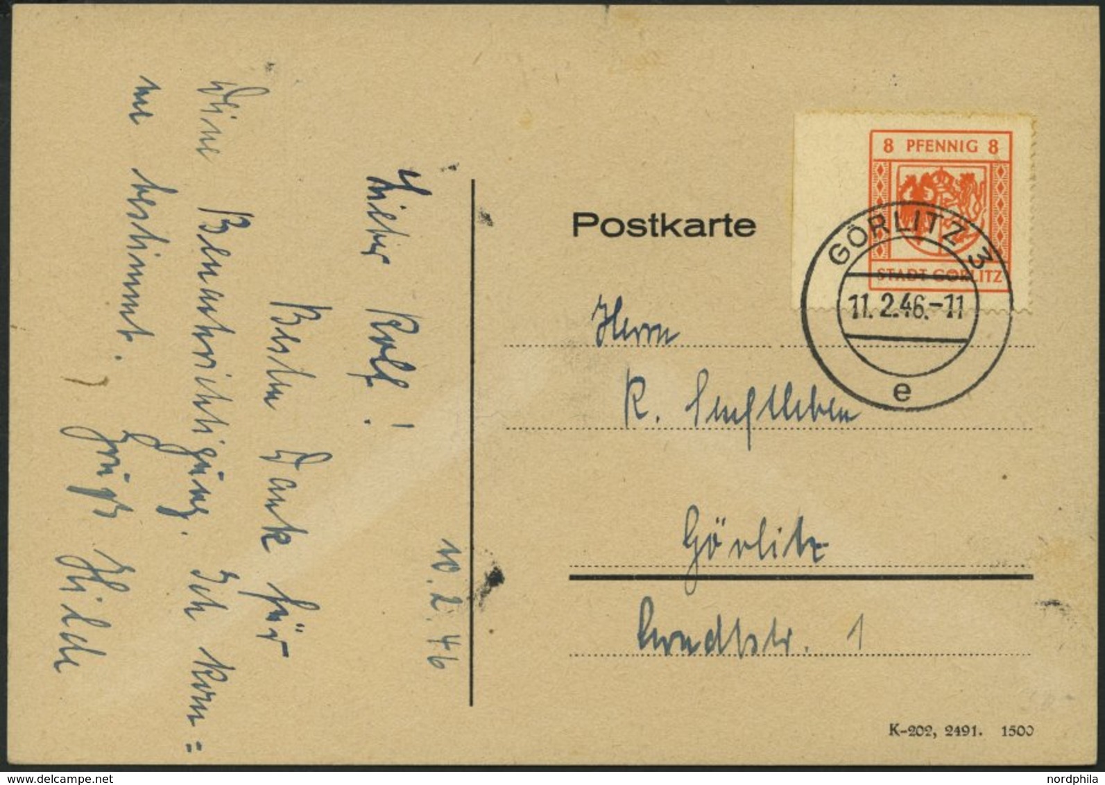 GÖRLITZ 15UI BRIEF, 1945, 6 Pf. Rotorange, Gelblich Gestrichenes Papier, Linkes Randstück, Links Ungezähnt, Auf Postkart - Private & Local Mails
