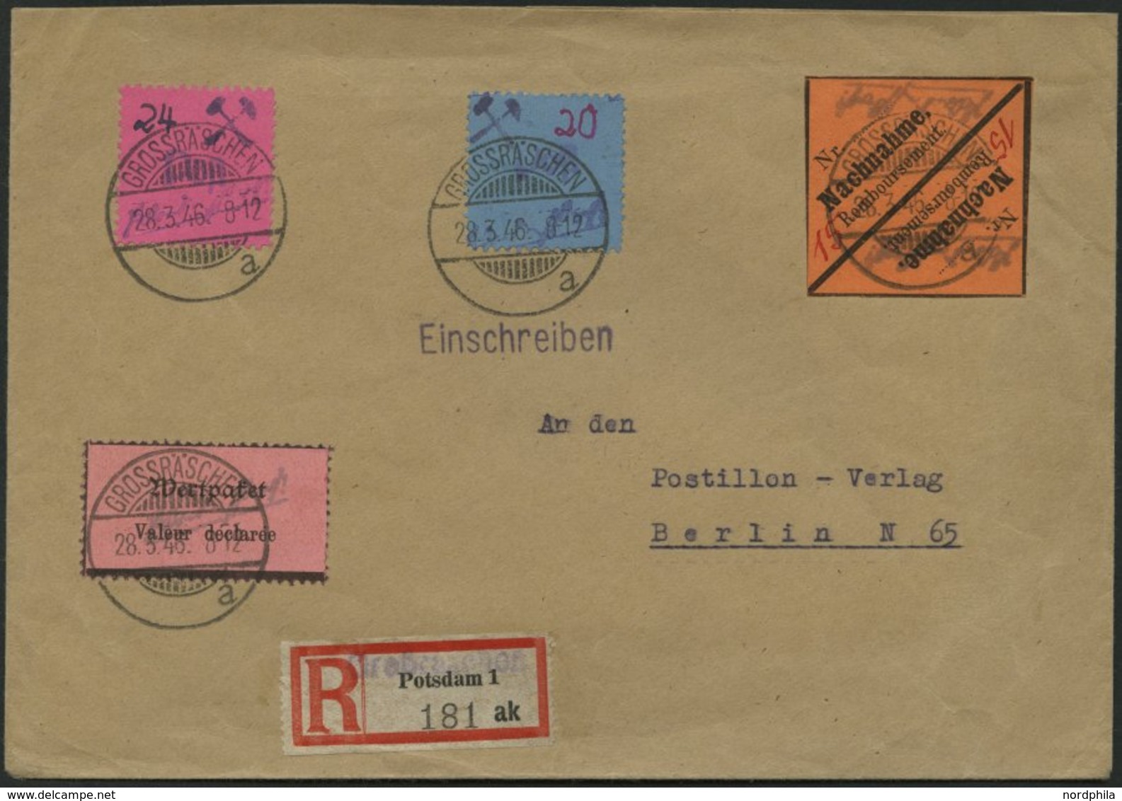 GROSSRÄSCHEN-VORLÄUFER V 1F,V 2IV Paar BRIEF, 1946, 10 Pf. Wertpaket Mit Abart Wertangabe Fehlend Und 15 Pf. Schwarz Auf - Privatpost