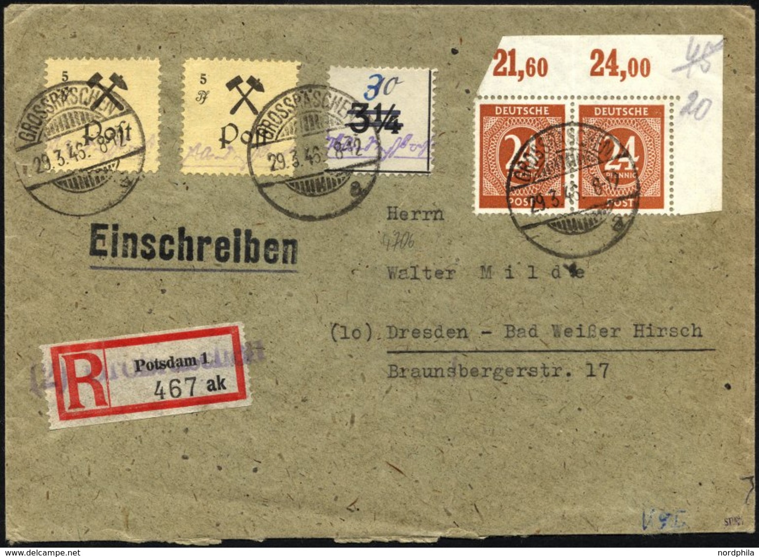 GROSSRÄSCHEN-VORLÄUFER V 9I BRIEF, 1945, 30 Pf. Uhrzeitklebezettel Mit Abart Wertangabe 10 Verbessert In 30 Mit Zusatz-M - Privatpost