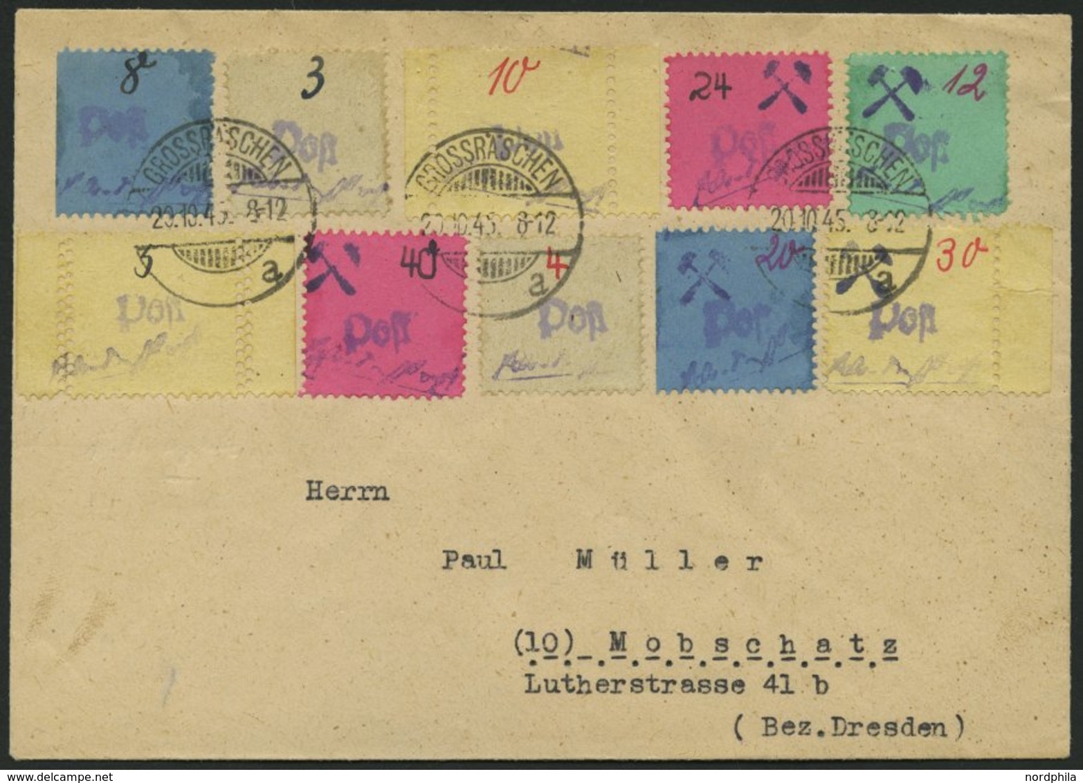 GROSSRÄSCHEN 3S,6S,10S BRIEF, 1945, 5 (doppelte Zähnung!), 10 Und 30 Pf. Gebührenmarken Aus Streifen, Pracht, Mi.Nr. 6S  - Postes Privées & Locales