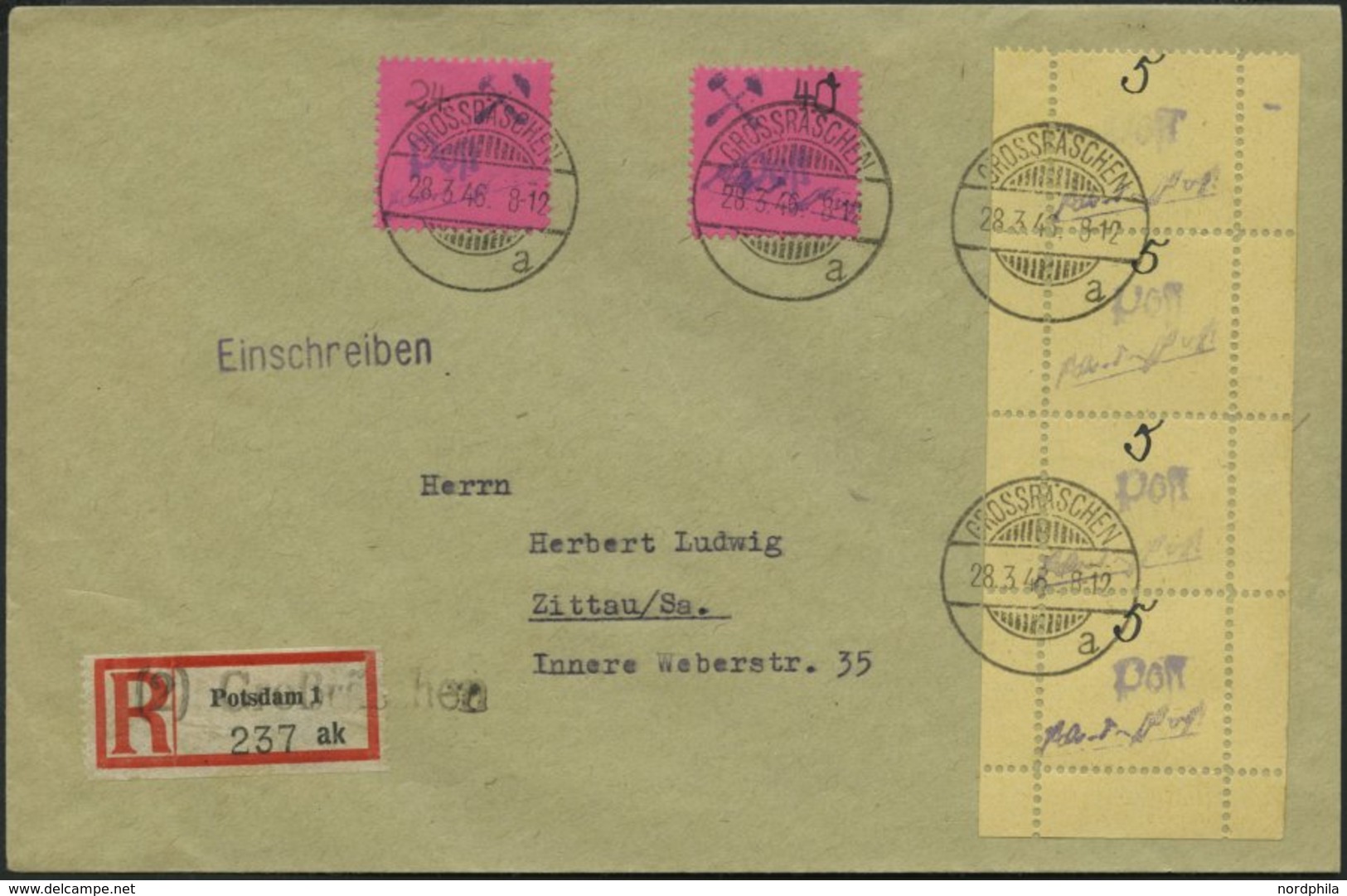 GROSSRÄSCHEN 3S BRIEF, 1946, 5 Pf. Gebührenmarke Aus Streifen Im Senkrechten Viererstreifen Mit Mi.Nr. 9 Und 11 Auf Eins - Posta Privata & Locale