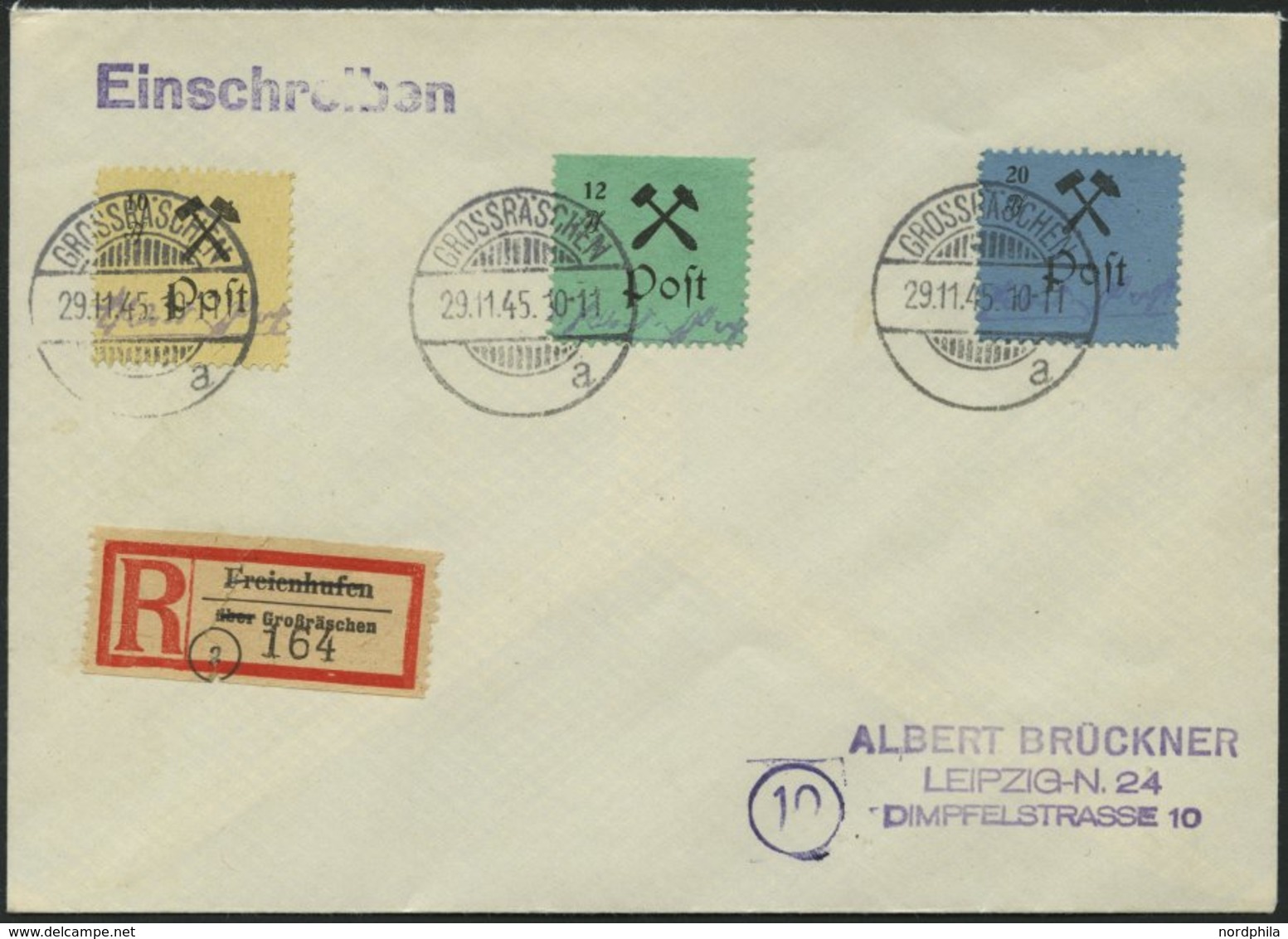 GROSSRÄSCHEN 25III BRIEF, 1945, 12 Pf. Schwarz Auf Grün, Type III, Mit Mi.Nr. 18AI Und 20AI Auf Einschreibbrief, Pracht - Privatpost