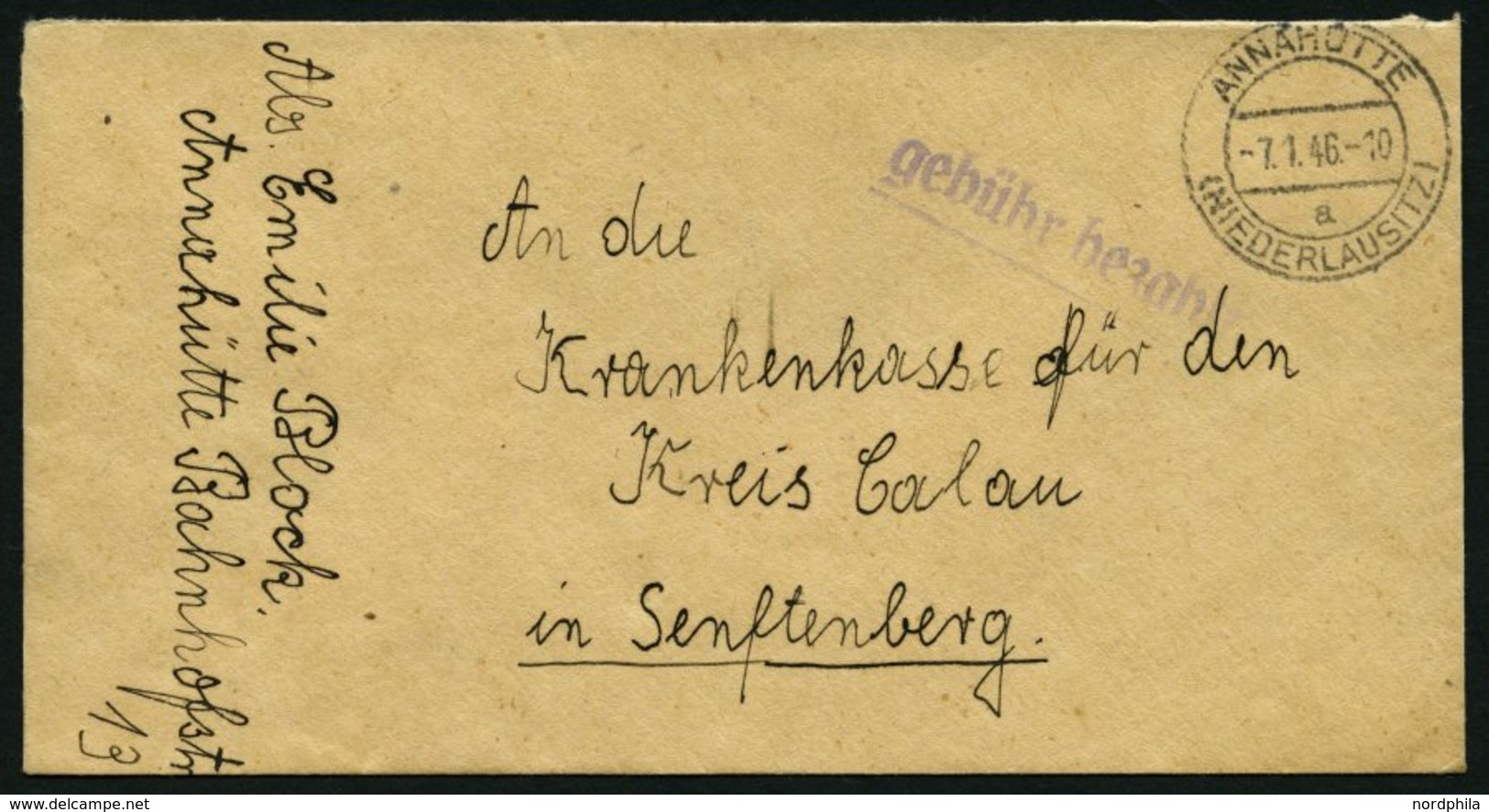 ALL. BES. GEBÜHR BEZAHLT ANNAHÜTTE A (NIEDERLAUSITZ), 7.1.46, Violetter Unterstrichener L1 Gebühr Bezahlt, Prachtbrief - Sonstige & Ohne Zuordnung