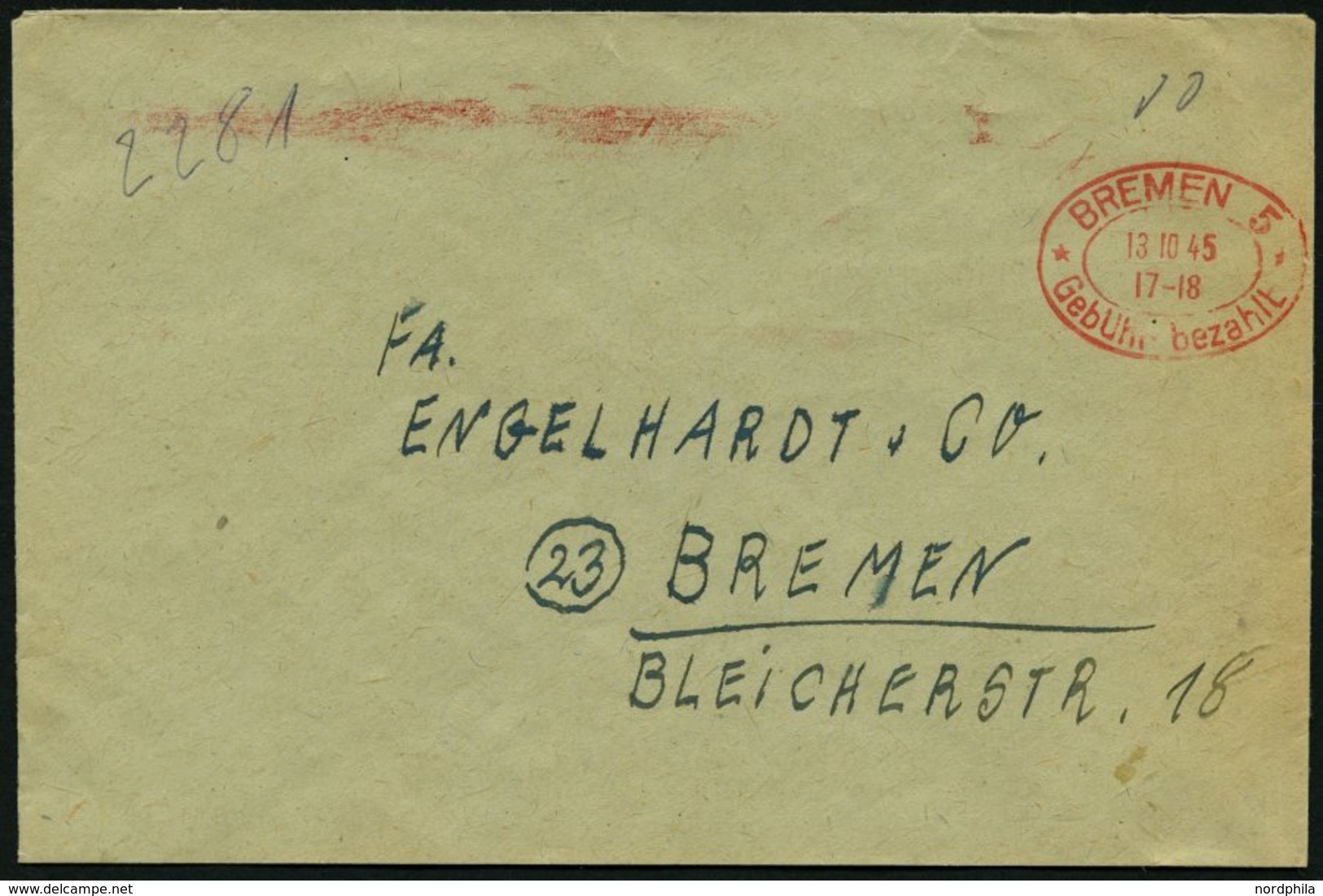 ALL. BES. GEBÜHR BEZAHLT BREMEN 5, 13.10.45, Roter Ellipsenstempel Gebühr Bezahlt, Prachtbrief - Other & Unclassified