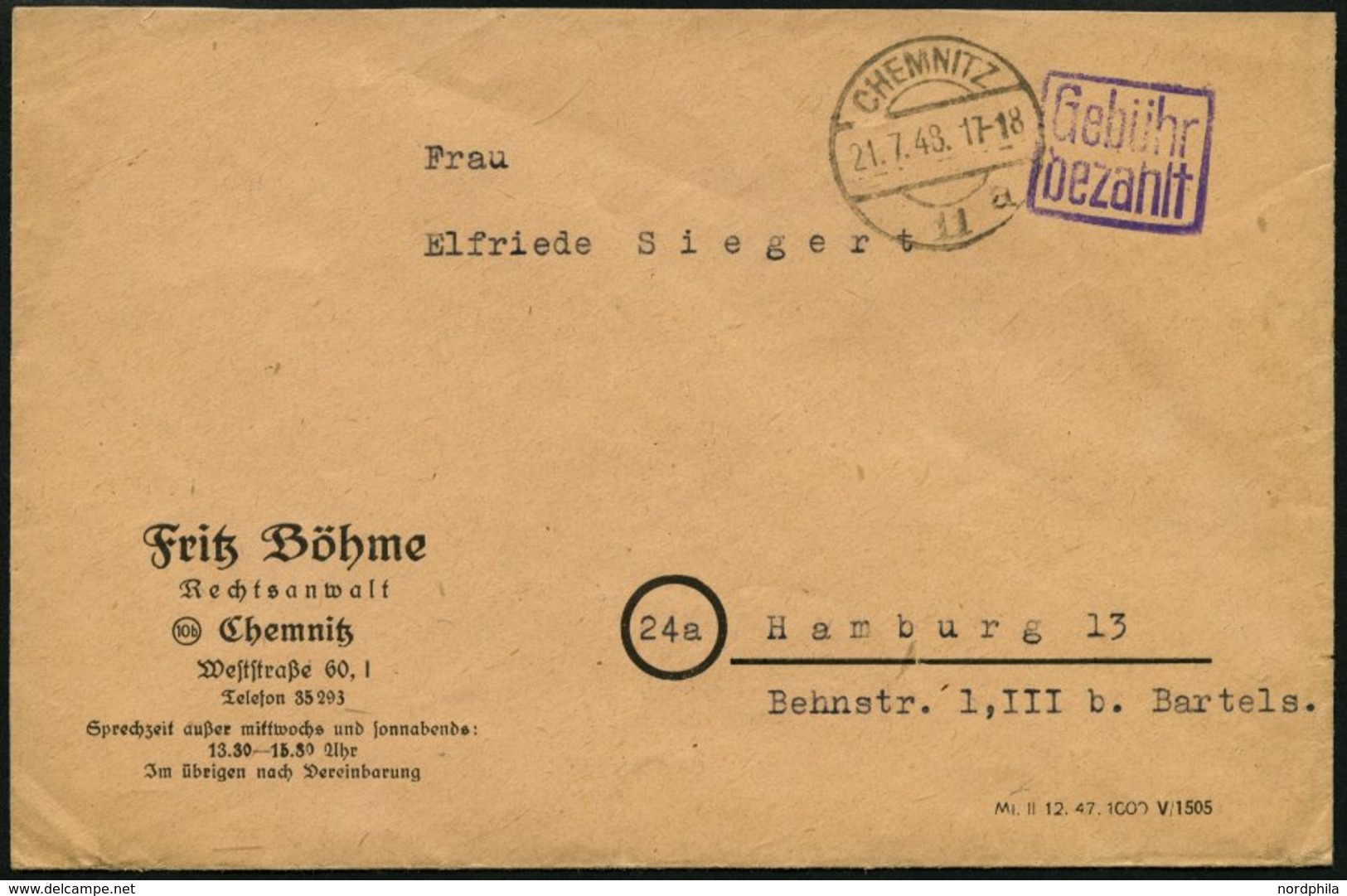 ALL. BES. GEBÜHR BEZAHLT CHEMNITZ 11, 21.7.48, Violetter R2 Gebühr Bezahlt, Prachtbrief - Other & Unclassified