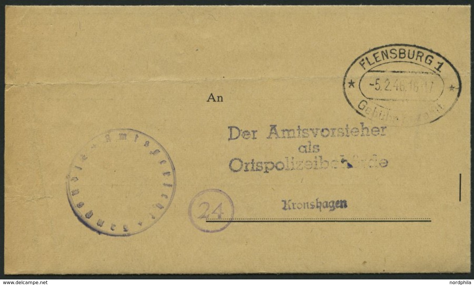 ALL. BES. GEBÜHR BEZAHLT FLENSBURG 1 Gebühr Bezahlt, 5.2.46, Ellipsenstempel, Behördenbrief, Gelocht, Feinst - Autres & Non Classés