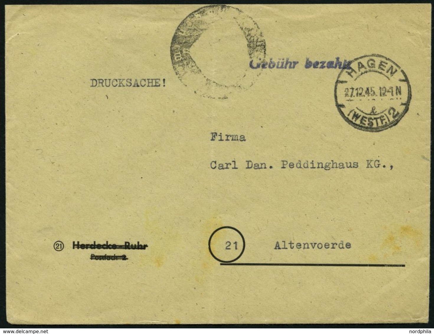 ALL. BES. GEBÜHR BEZAHLT HAGEN (WESTF), 27.12.45, Violetter L1 Gebühr Bezahlt Auf Drucksache, Feinst - Autres & Non Classés