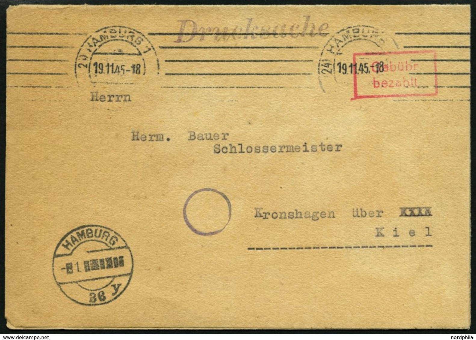 ALL. BES. GEBÜHR BEZAHLT HAMBURG 1, 19.11.45, Roter R2 Gebühr Bezahlt Auf Drucksachenbrief, Feinst - Autres & Non Classés