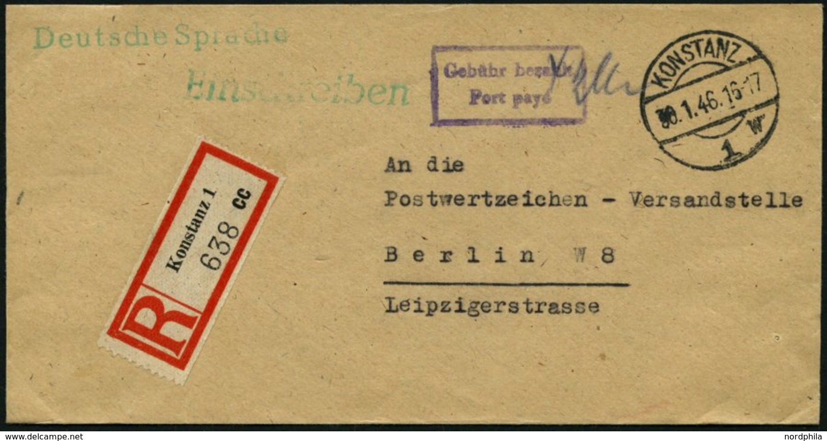 ALL. BES. GEBÜHR BEZAHLT KONSTANZ, 30.1.46, Violetter R2 Gebühr Bezahlt Port Paye, Kleiner Einschreibbrief Nach Berlin - Sonstige & Ohne Zuordnung