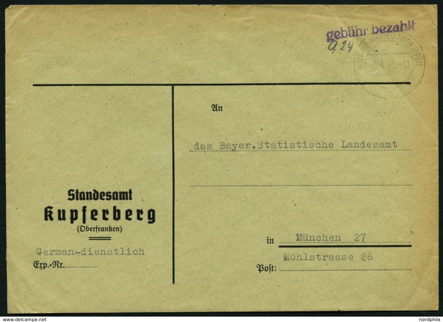 ALL. BES. GEBÜHR BEZAHLT KUPFERBERG (OBERFR), 5.4.46, L1 Gebühr Bezahlt, Dienstbrief, Etwas Vergilbt Sonst Pracht - Autres & Non Classés