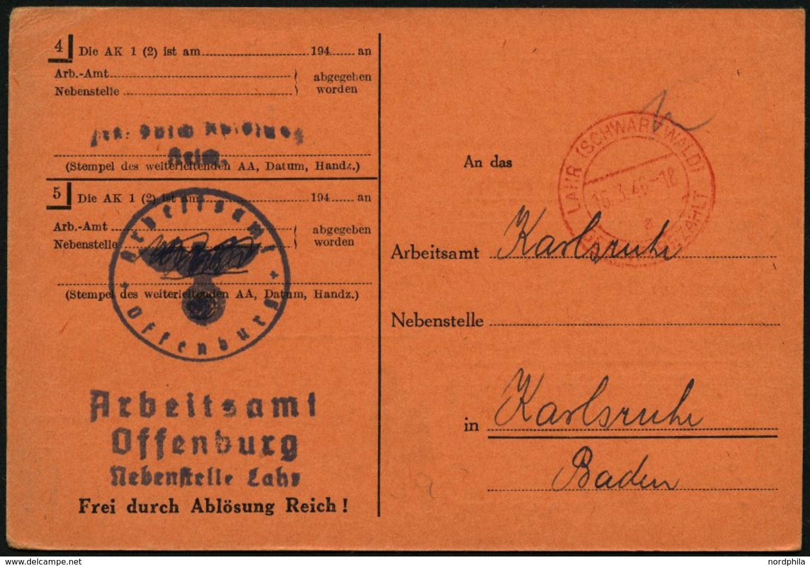 ALL. BES. GEBÜHR BEZAHLT LAHR (SCHWARZWALD), 15.3.46, Roter K2 Gebühr Bezahlt, Auf Vordruckkarte Vom Arbeitsamt Offenbur - Other & Unclassified