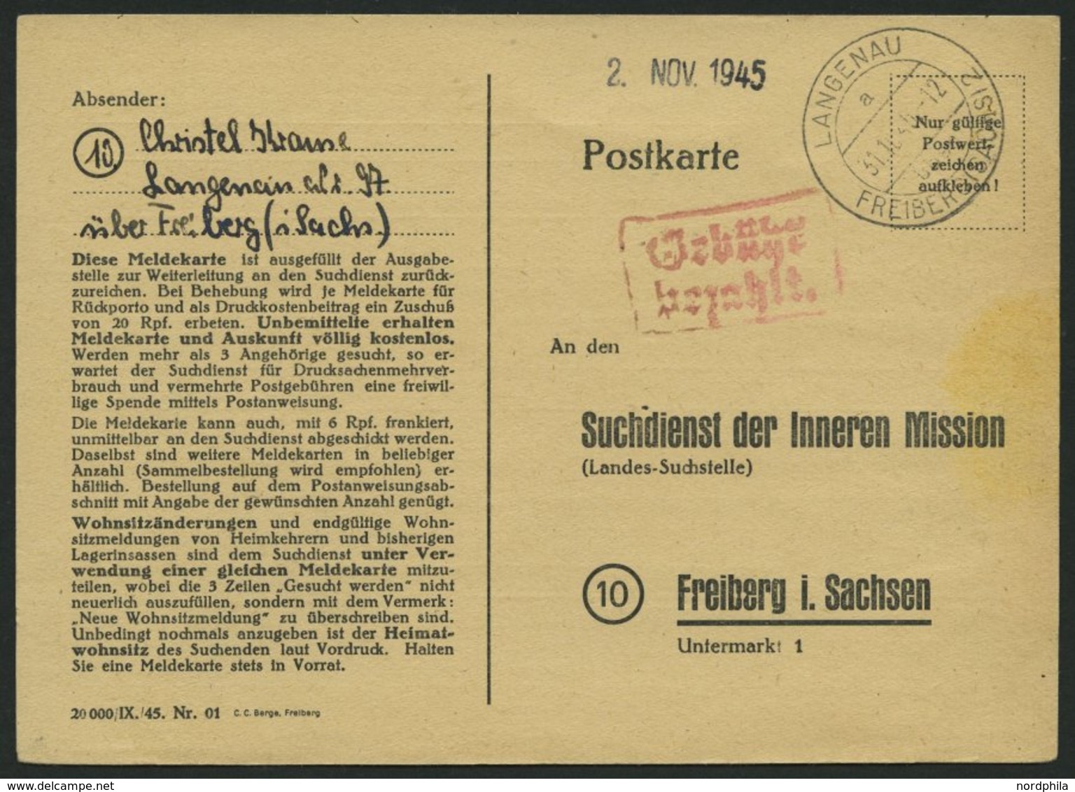 ALL. BES. GEBÜHR BEZAHLT LANGENAU FREIBERG (SACHS 2), 31.11.45, Roter R2 Gebühr Bezahlt, Suchdienstkarte, Pracht - Autres & Non Classés