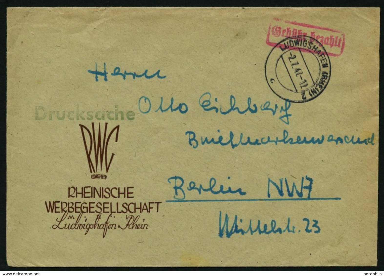 ALL. BES. GEBÜHR BEZAHLT LUDWIGSHAFEN (RHEIN), 2.7.47, Roter R1 Gebühr Bezahlt, Prachtbrief - Autres & Non Classés