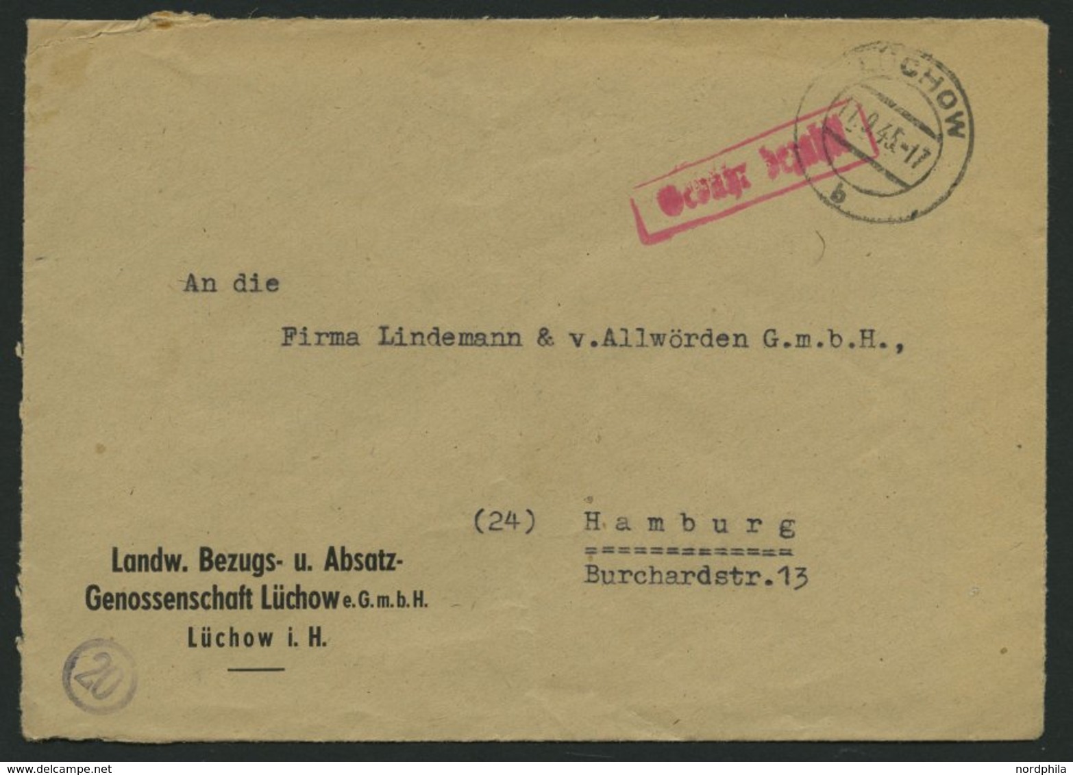 ALL. BES. GEBÜHR BEZAHLT LÜCHOW, 11.9.45, Roter R1 Gebühr Bezahlt, Prachtbrief - Autres & Non Classés