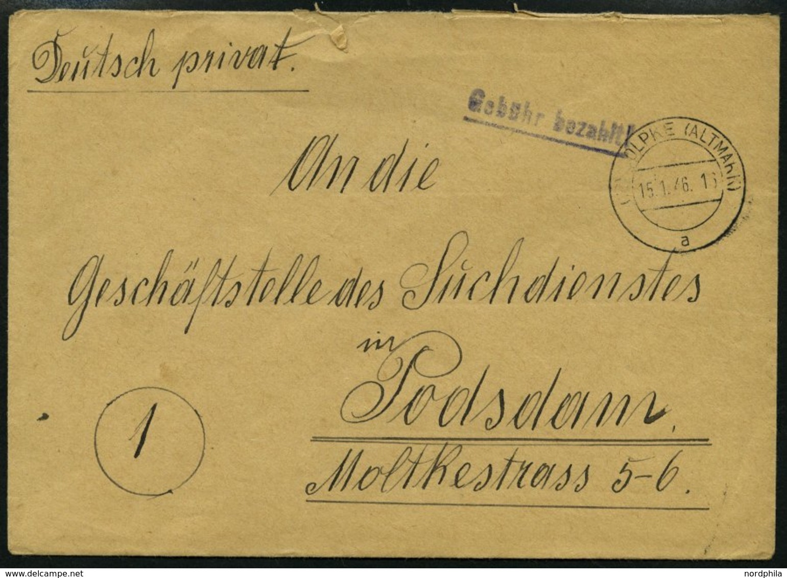 ALL. BES. GEBÜHR BEZAHLT SOLPKE (ALTMARK), 15.1.46, Violetter L1 Gebühr Bezahlt Mit Unterstrich, Brief An Den Suchdienst - Other & Unclassified