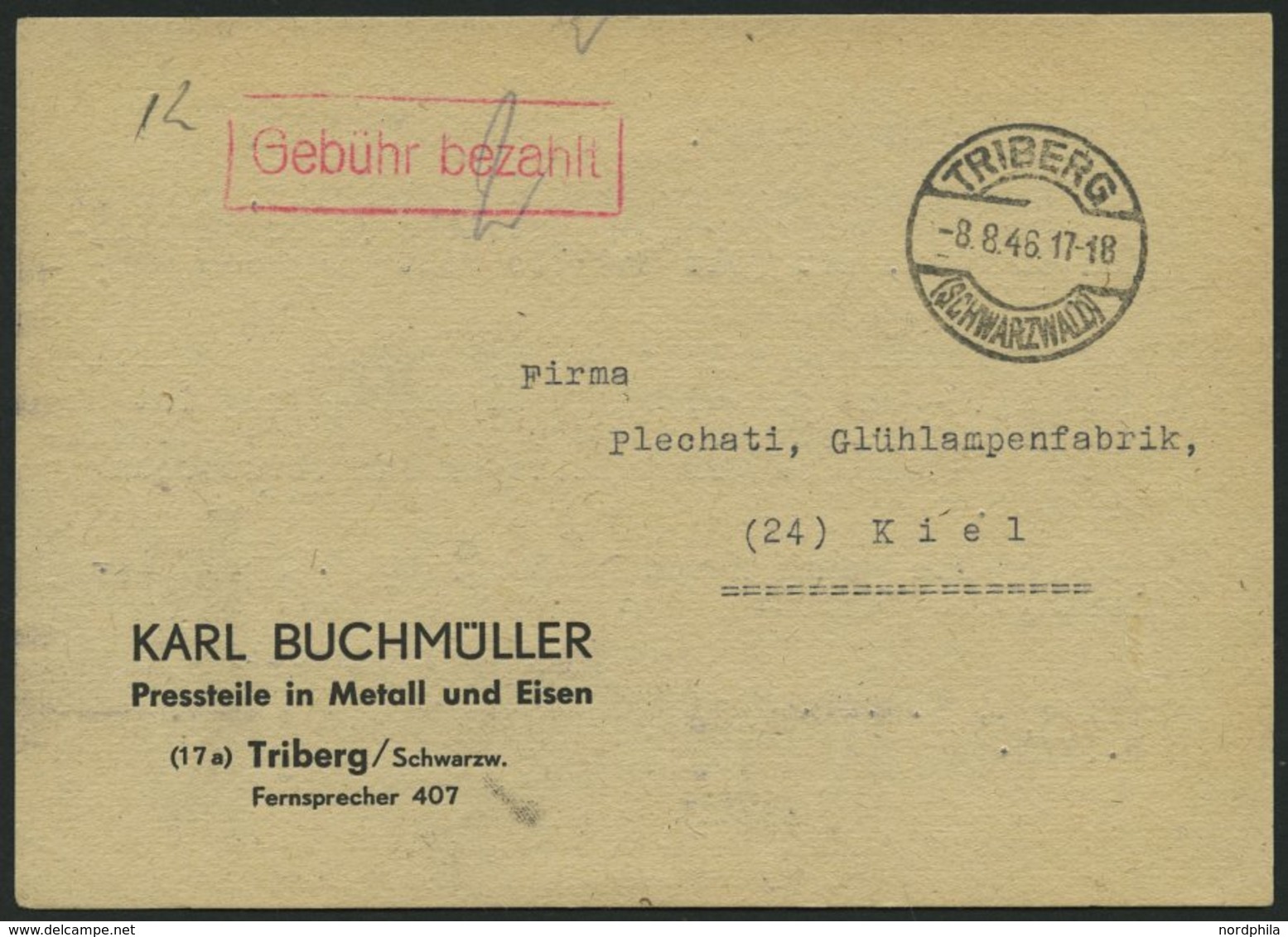 ALL. BES. GEBÜHR BEZAHLT TRIBERG (SCHWARZWALD), 8.8.46, Roter R1 Gebühr Bezahlt, Prachtkarte - Other & Unclassified