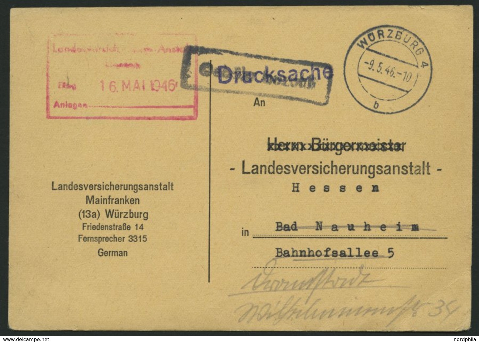 ALL. BES. GEBÜHR BEZAHLT WÜRZBURG 4, 9.5.46, R1 Gebühr Bezahlt, Drucksachenkarte Pracht - Other & Unclassified