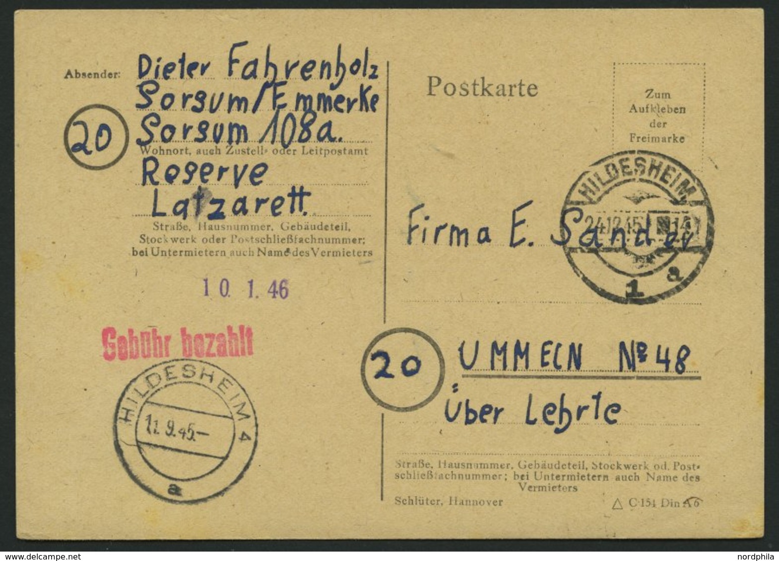 ALL. BES. NOTAUSGABEN P A01 BRIEF, HILDESHEIM 4, 6 Pf. Mit Druckvermerk Schlüter, Hannover, Stempel HILDESHEIM 1, Pracht - Sonstige & Ohne Zuordnung