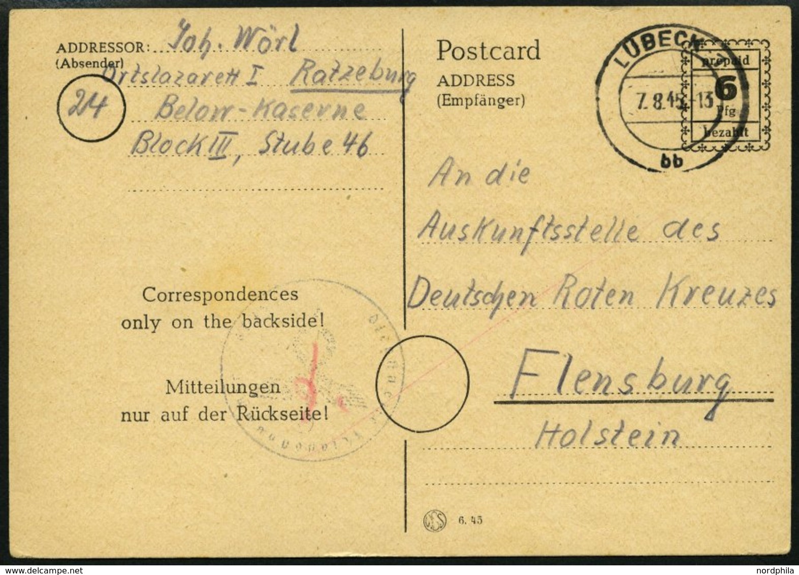 ALL. BES. AUFBRAUCHAUSGABEN P 792IIa BRIEF, 1934, 6 Pf. Schwarz Repaid Mit Stempel LÜBECK, Karte Von Ratzeburg An Das Ro - Sonstige & Ohne Zuordnung