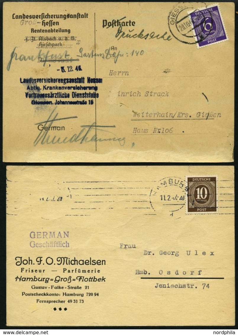 ALLIIERTE BES. 916,918 BRIEF, 1946, 6 Pf. Einzelfrankatur Auf Ortskarte Und 10 Pf. Einzelfrankatur Auf Fernkarte, 2 Kart - Sonstige & Ohne Zuordnung