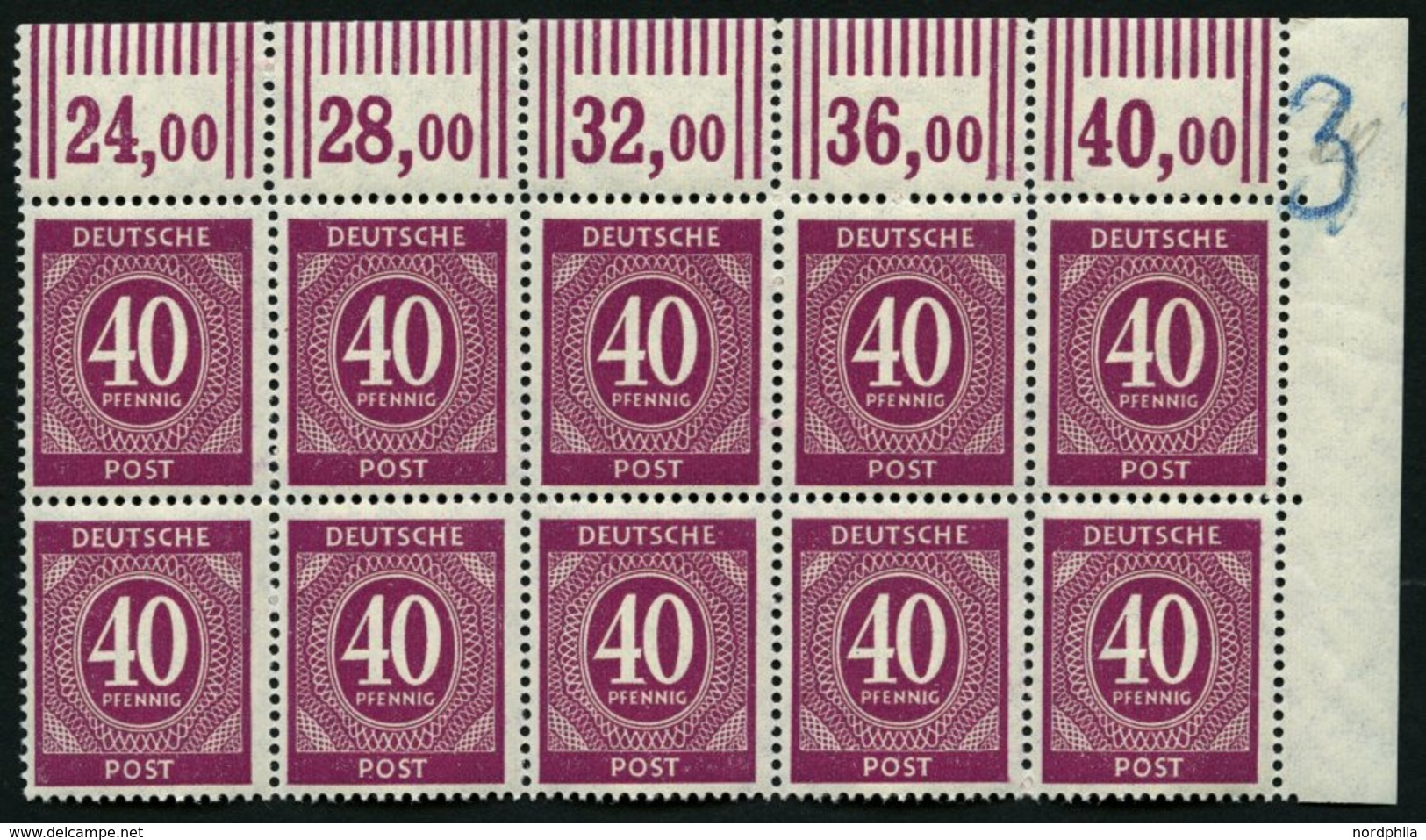 ALLIIERTE BES. 929WOR **, 1946, 40 Pf. Karminlila, Walzendruck, Im 12er Block Aus Der Rechten Oberen Bogenecke, Pracht,  - Other & Unclassified